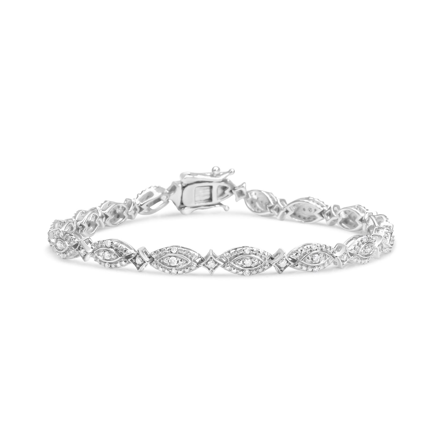 White metal bracelet with alternating marquise and diamond-shaped links, each set with small white gemstones, shown from a front angle on a white background.
