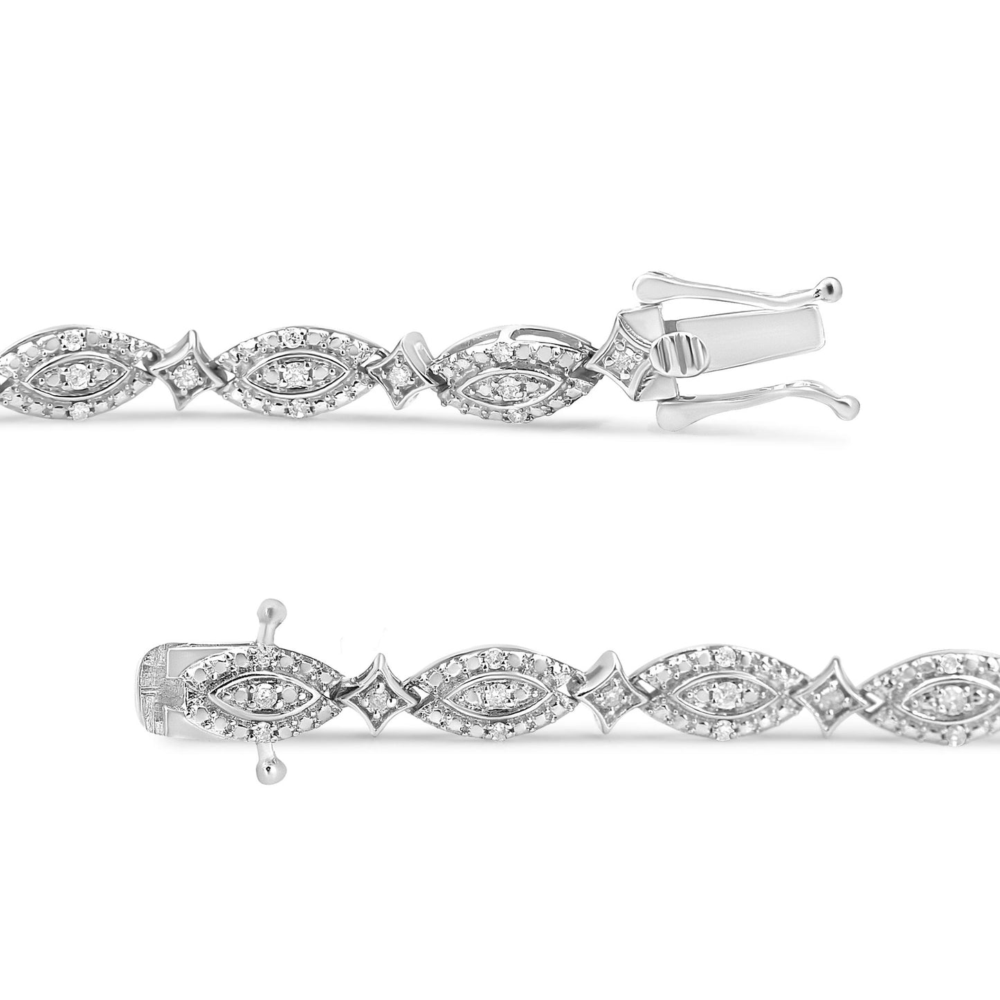Close-up side angle of a white metal bracelet featuring alternating marquise and square-shaped links, each set with small round white gemstones in prong settings, shown against a white background.