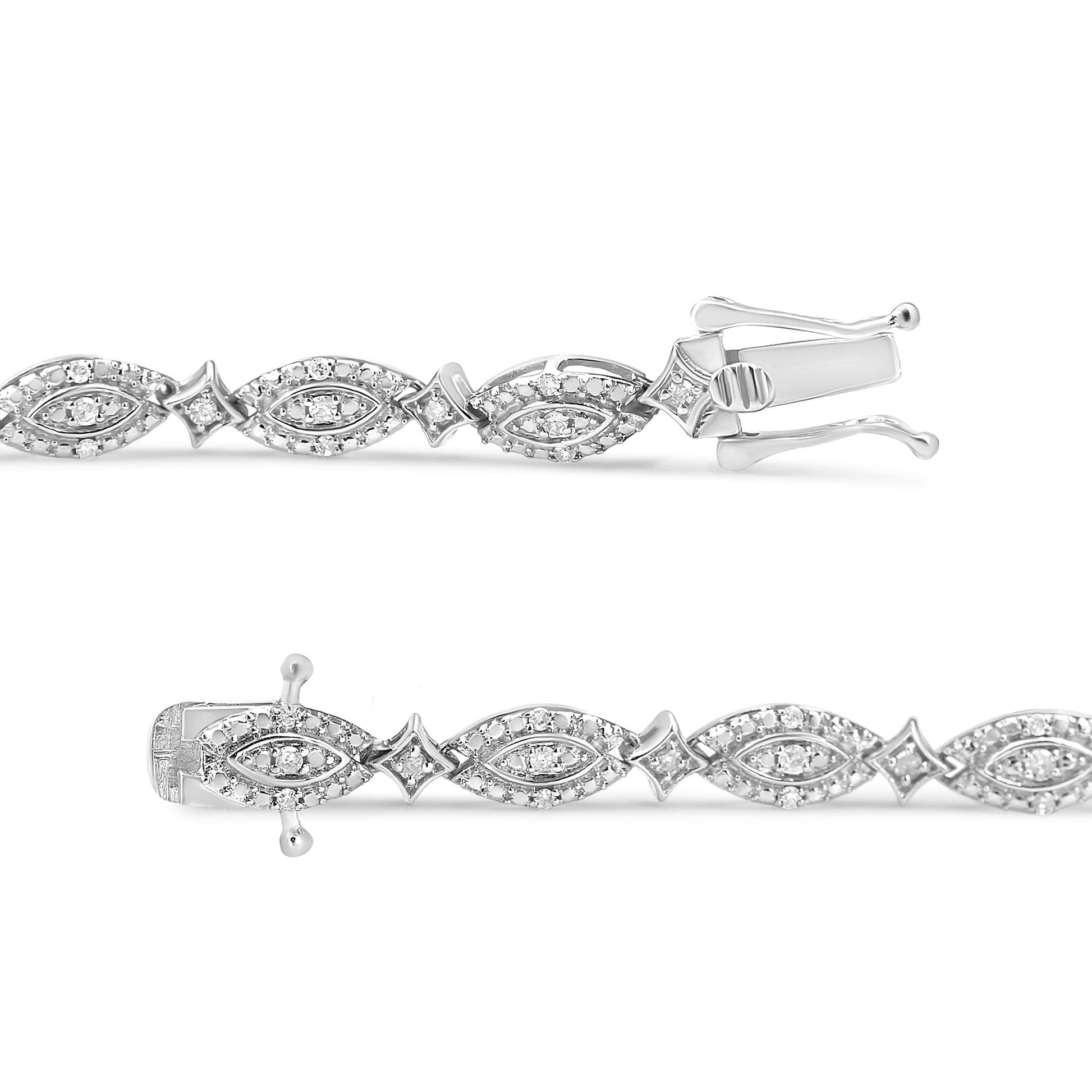 Close-up side angle of a white metal bracelet featuring alternating marquise and square-shaped links, each set with small round white gemstones in prong settings, shown against a white background.