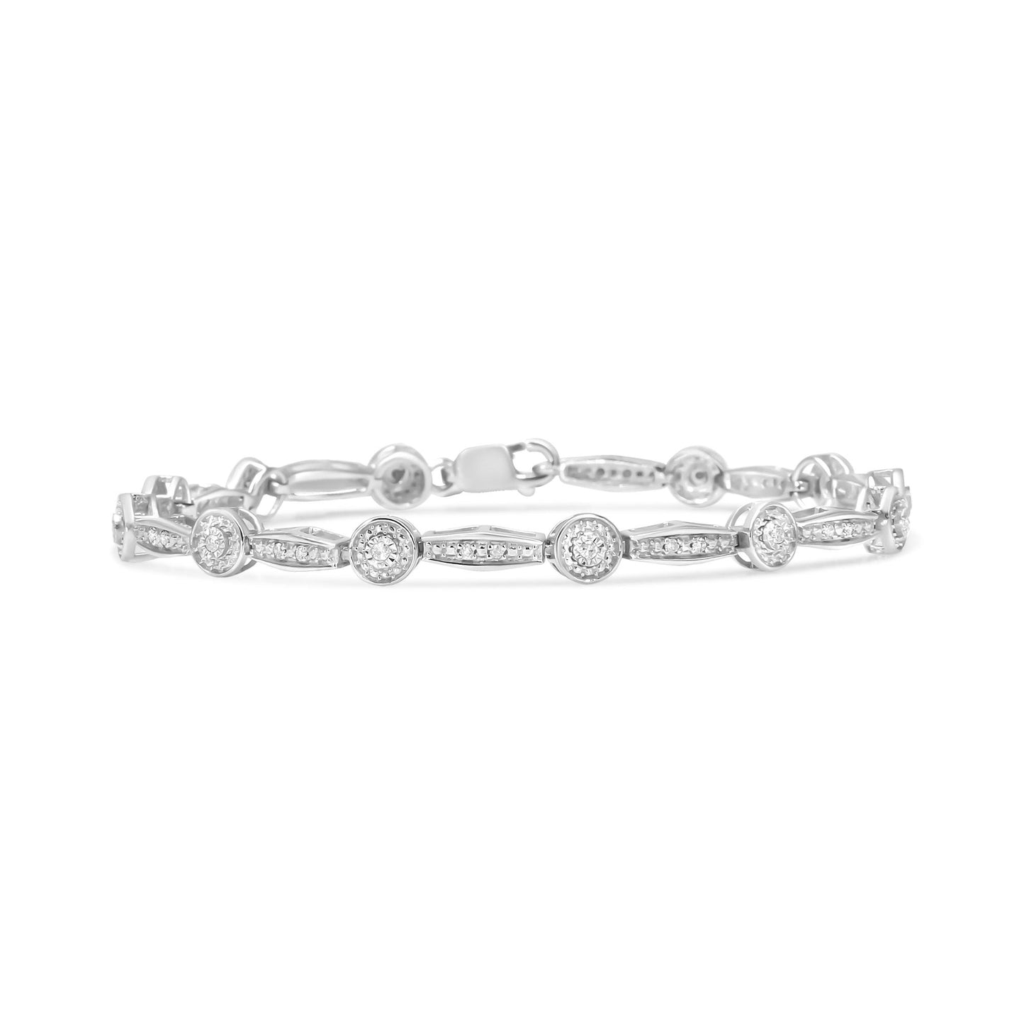 White metal bracelet with round white gemstones in miracle and pave settings, shown from a front angle.