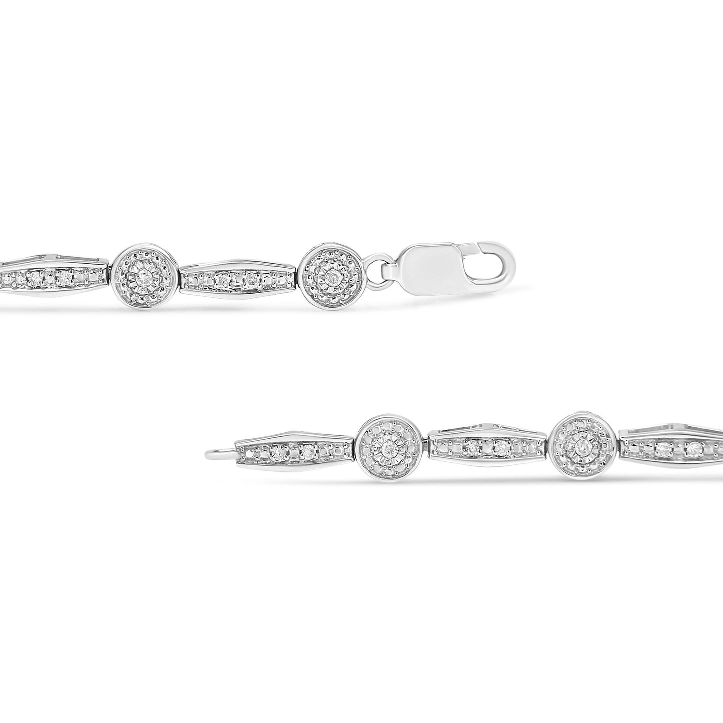 Close-up front view of a white metal bracelet with alternating round and elongated links, each adorned with white gemstones in two different settings, shown against a white background.