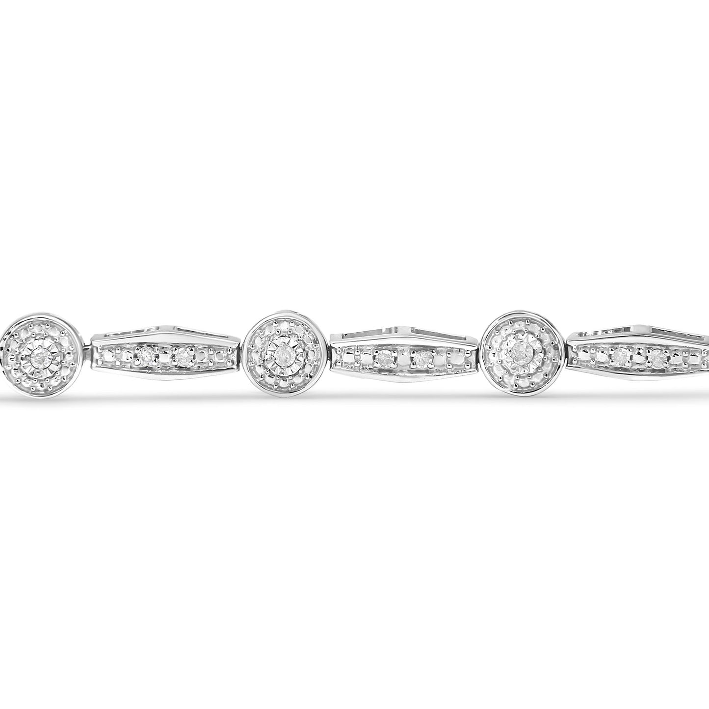 Close-up front view of a white metal bracelet featuring circular settings with round white gemstones in miracle settings and elongated sections with round white gemstones in pave settings.