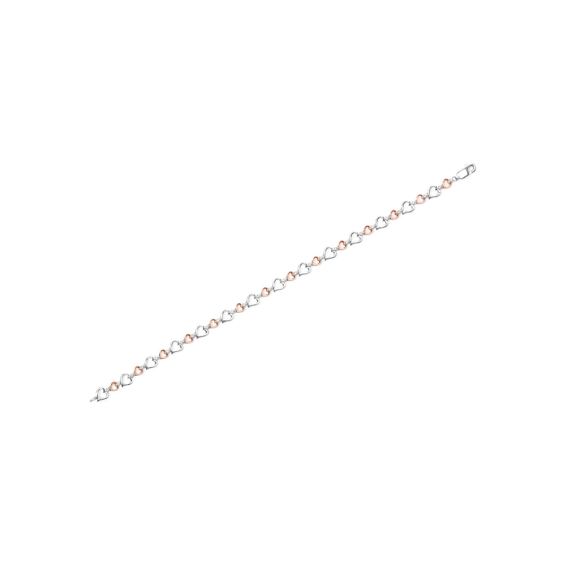 White and rose metal heart link bracelet with alternating heart shapes, viewed from above at a slight angle.
