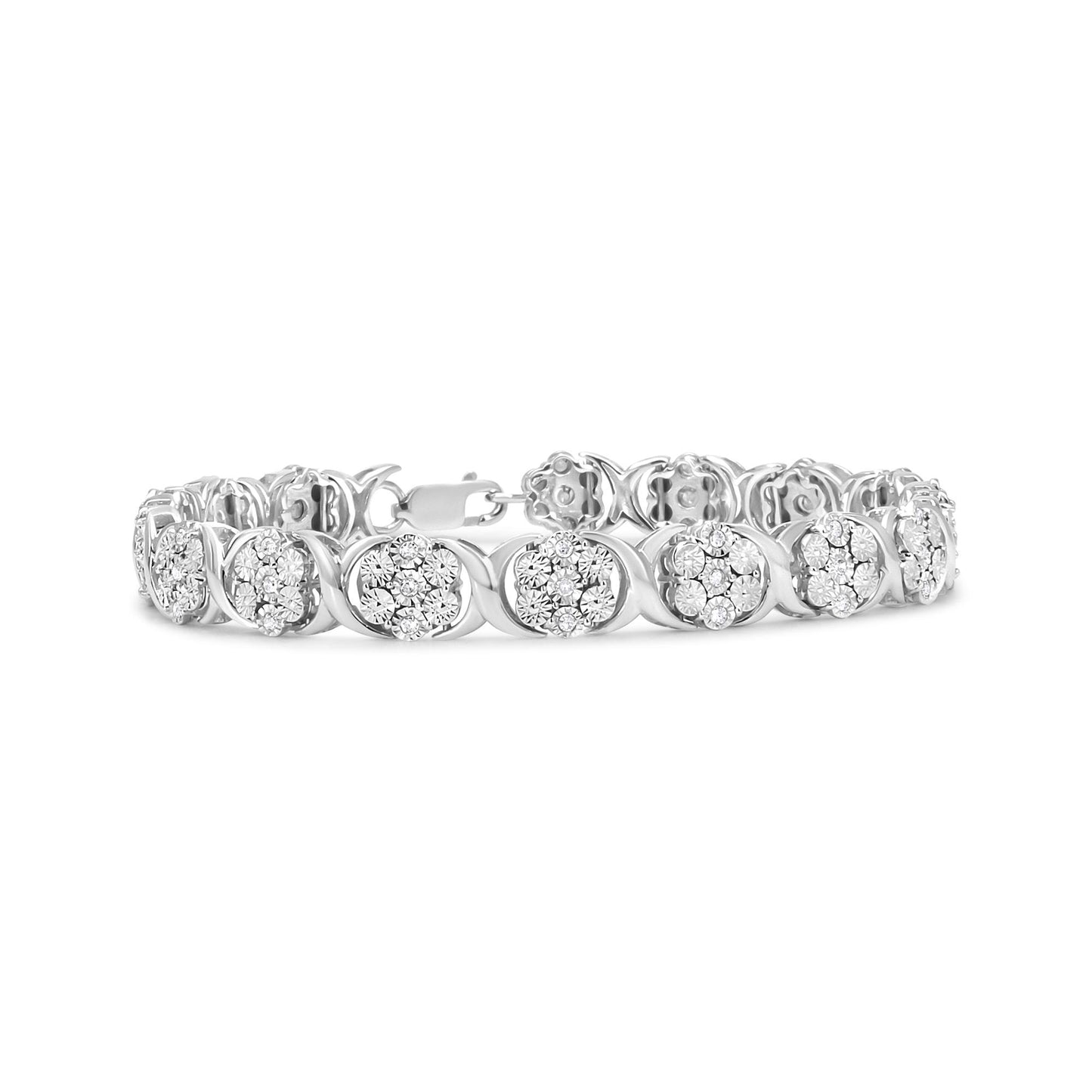 White metal bracelet with round white gemstones in miracle settings, shown in a front angle view.