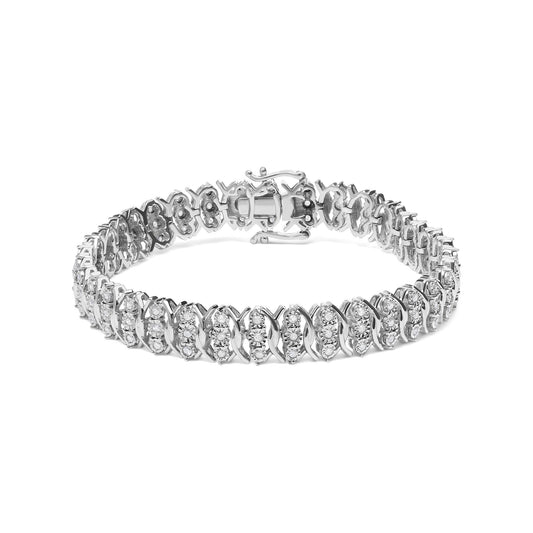 White metal bracelet with alternating sections of round white gemstones in miracle settings, shown from a slightly elevated front angle.