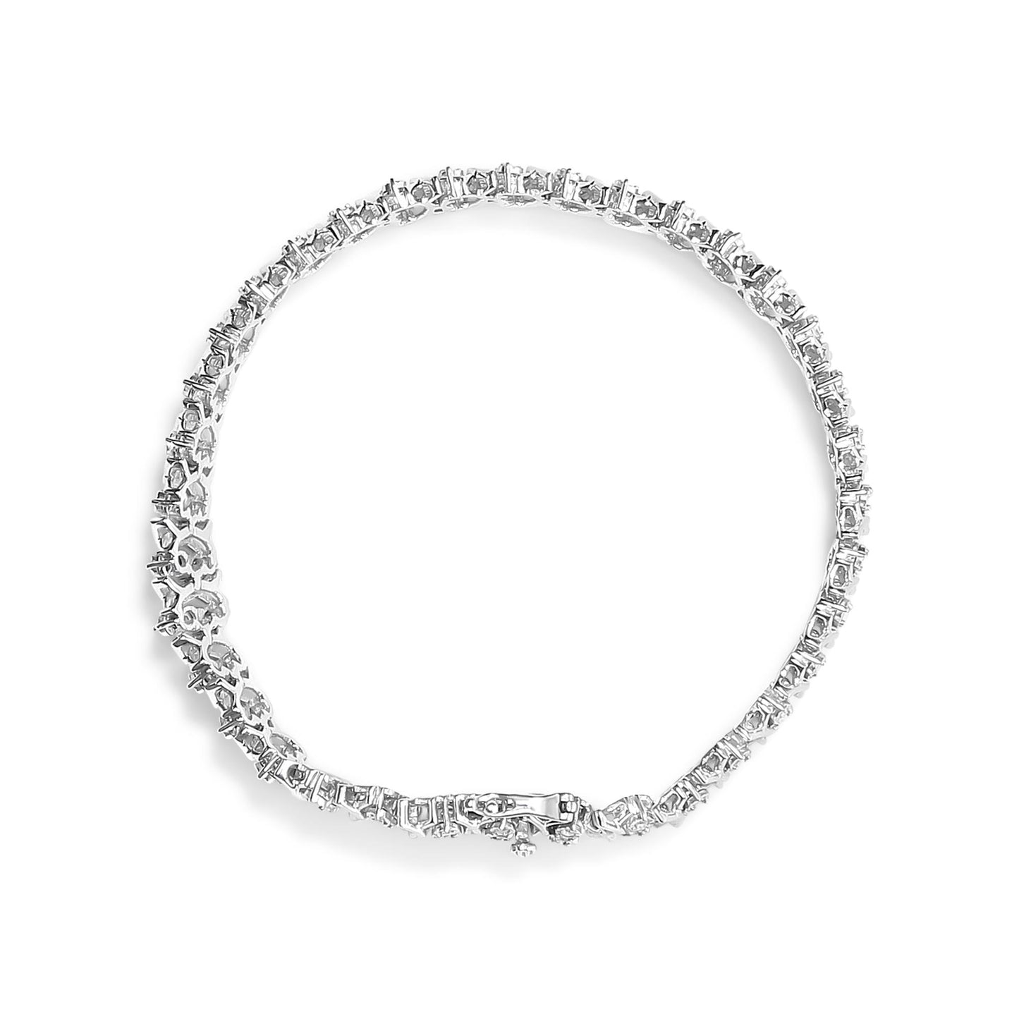 Top-down view of a white metal bracelet featuring two rows of round white gemstones in a miracle setting.