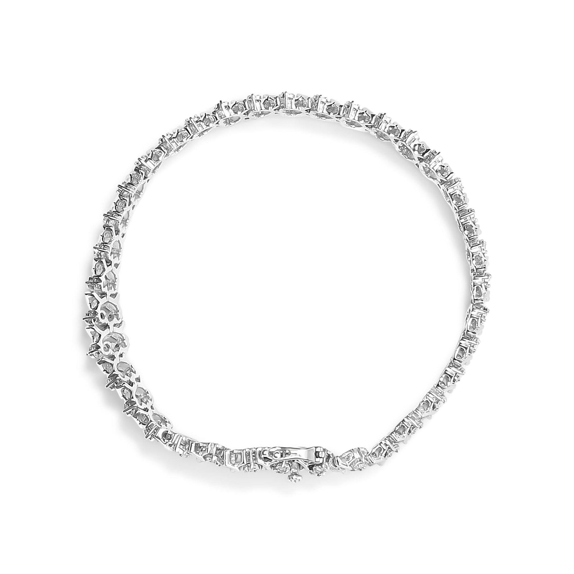 Top-down view of a white metal bracelet featuring two rows of round white gemstones in a miracle setting.