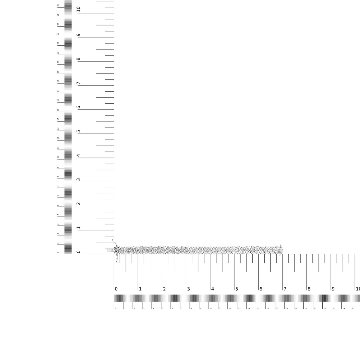 White metal bracelet with two rows of round white gemstones in miracle setting, laid flat on a ruler and scale for size reference, shot from above.