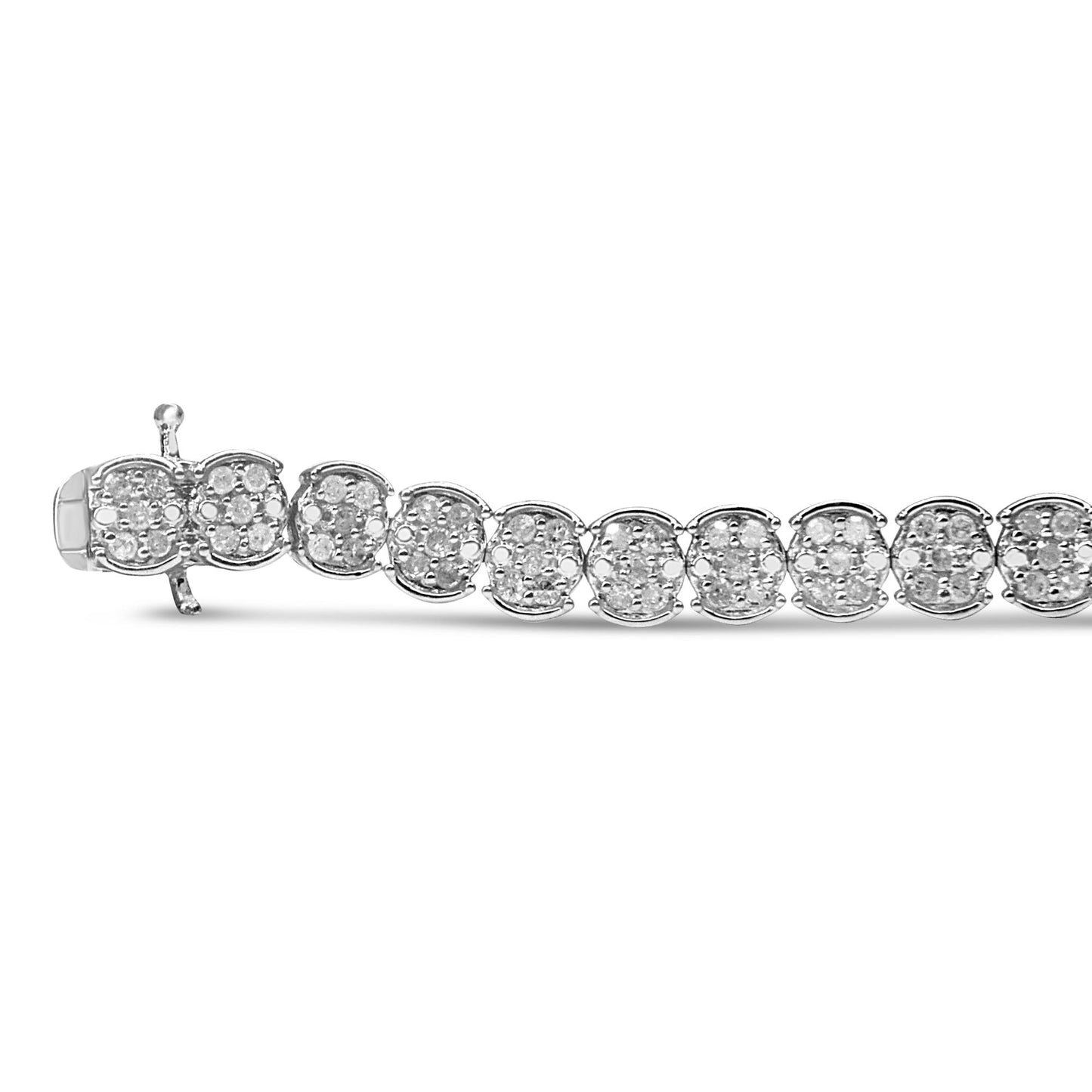 White metal bracelet with round white gemstones in prong settings, photographed from a side angle.