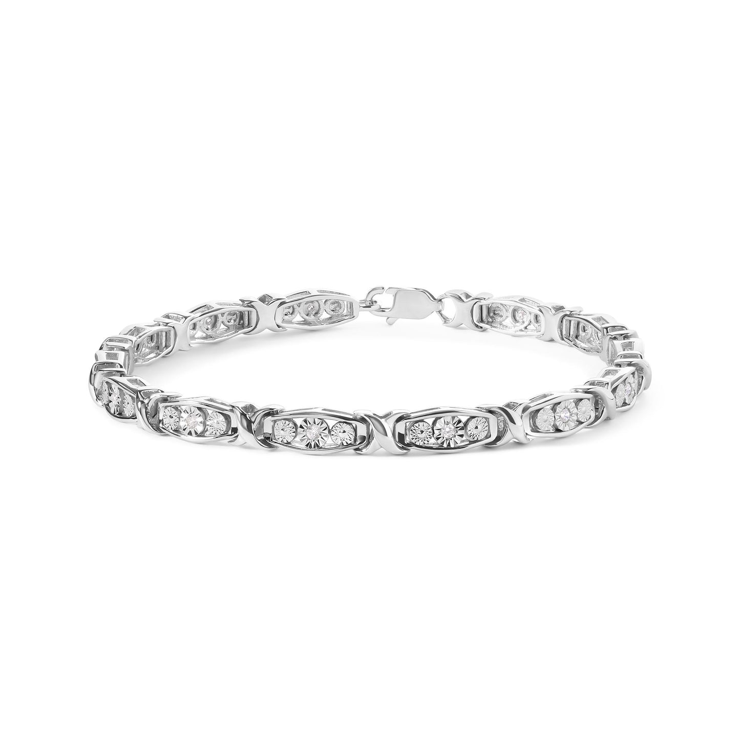 White metal bracelet with round white gemstones in miracle settings, shown from side angle.
