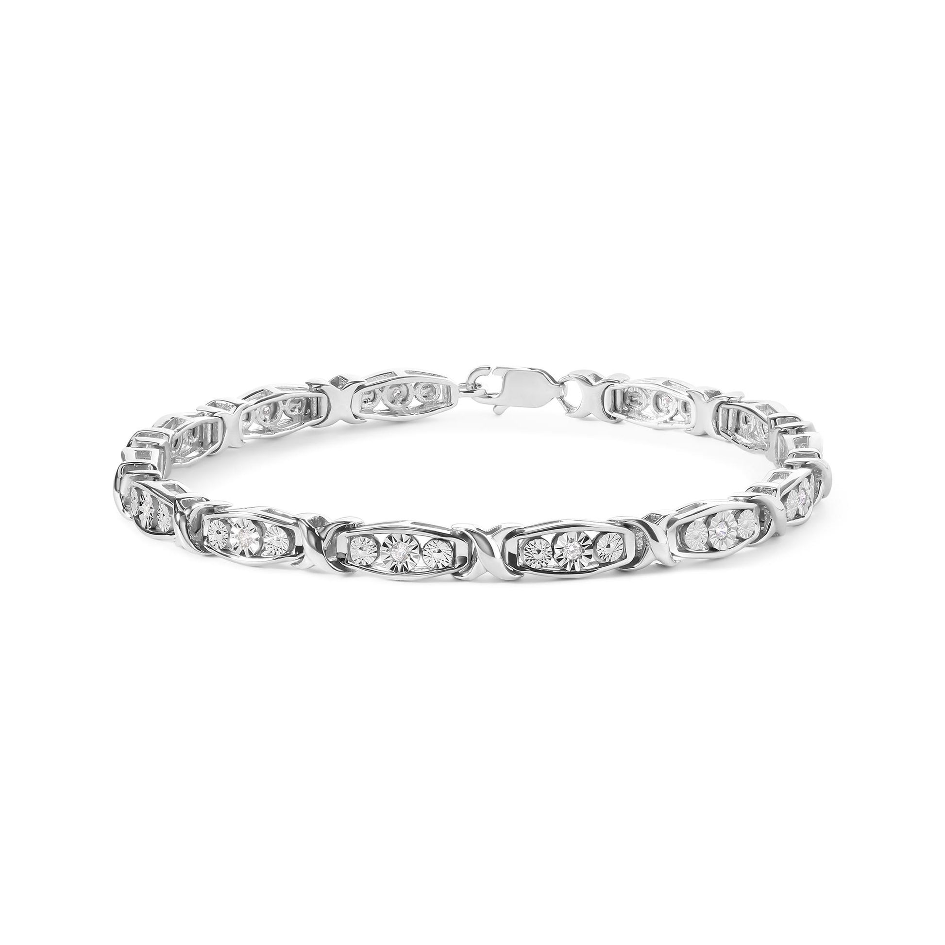 White metal bracelet with round white gemstones in miracle settings, shown from side angle.