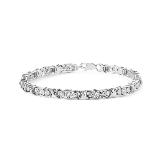 White metal bracelet with round white gemstones in miracle settings, shown from side angle.