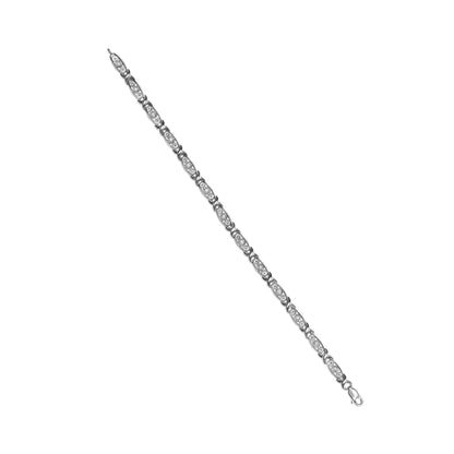 White metal bracelet with linked oval sections each containing round white gemstones in a miracle setting, shown flat from a top-down angle.