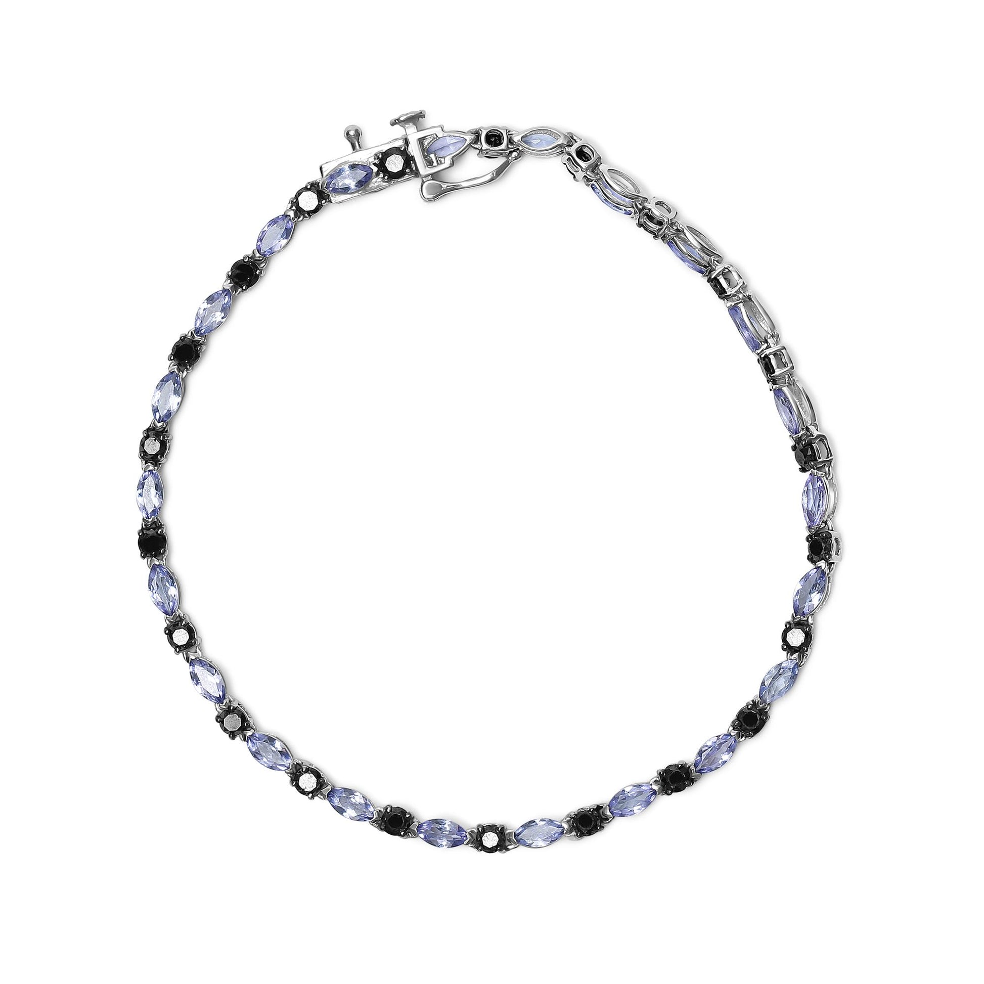 White bracelet with alternating prong-set blue marquise-shaped gemstones and round black gemstones, shown flat from a top-down view.