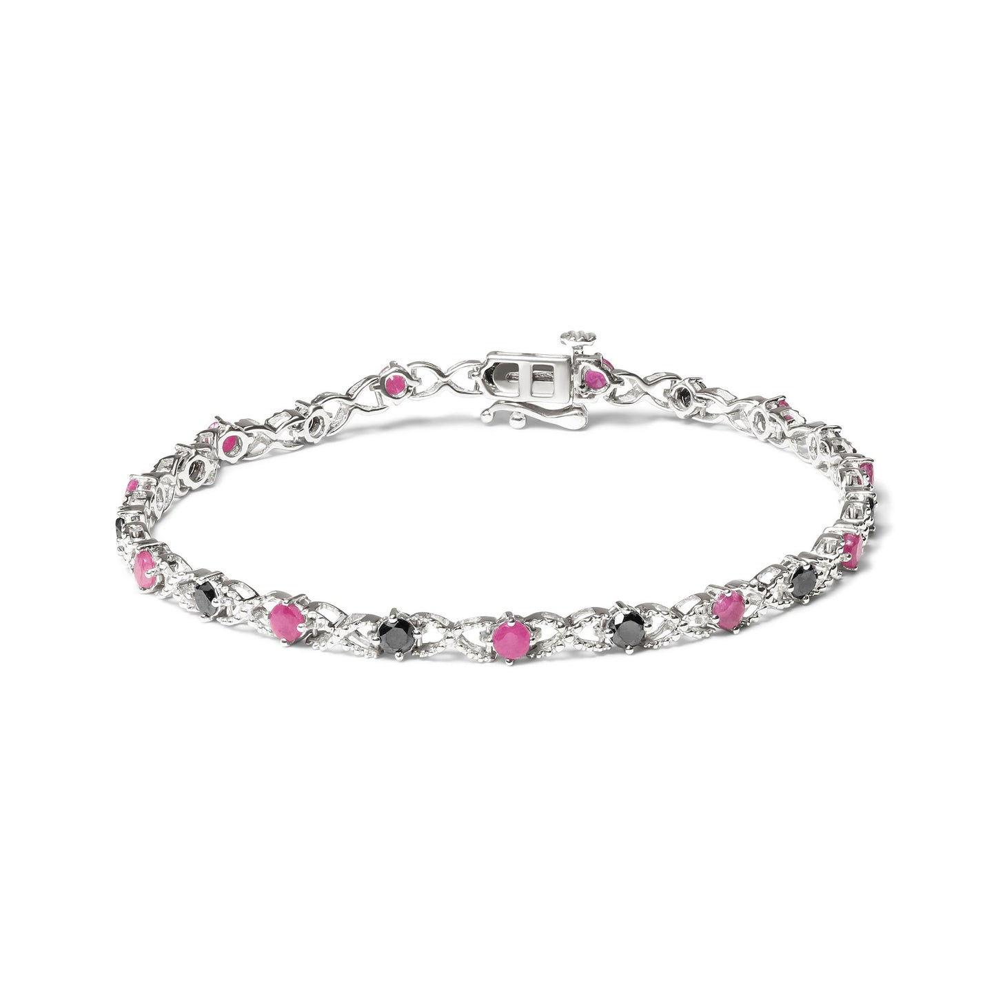 White bracelet with alternating round pink and black gemstones in prong settings, shown from an angled top view.
