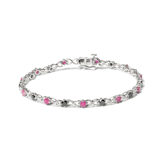 White bracelet with alternating round pink and black gemstones in prong settings, shown from an angled top view.