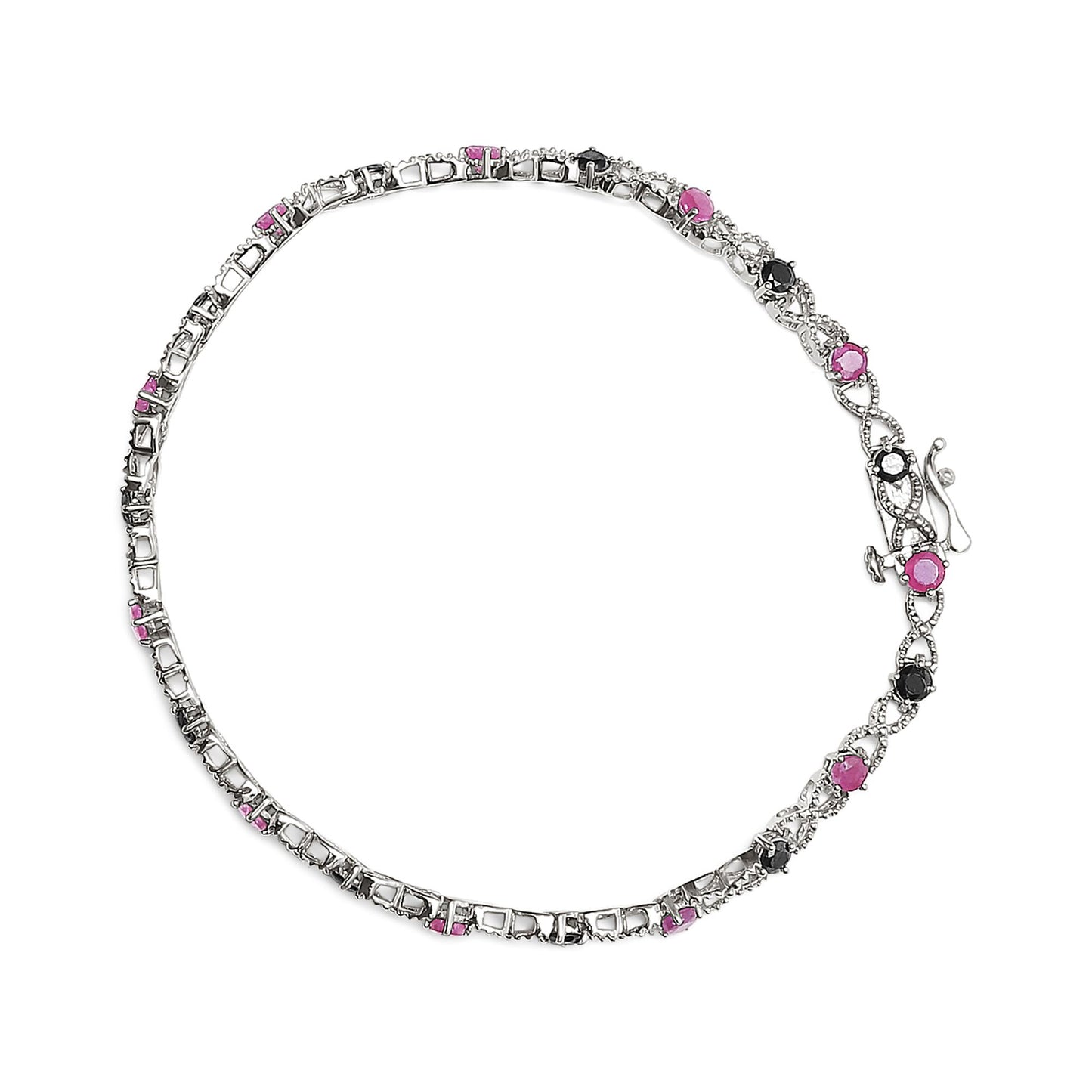 White metal bracelet with alternating pink and black round gemstones in prong settings, shown from a top-down angle.