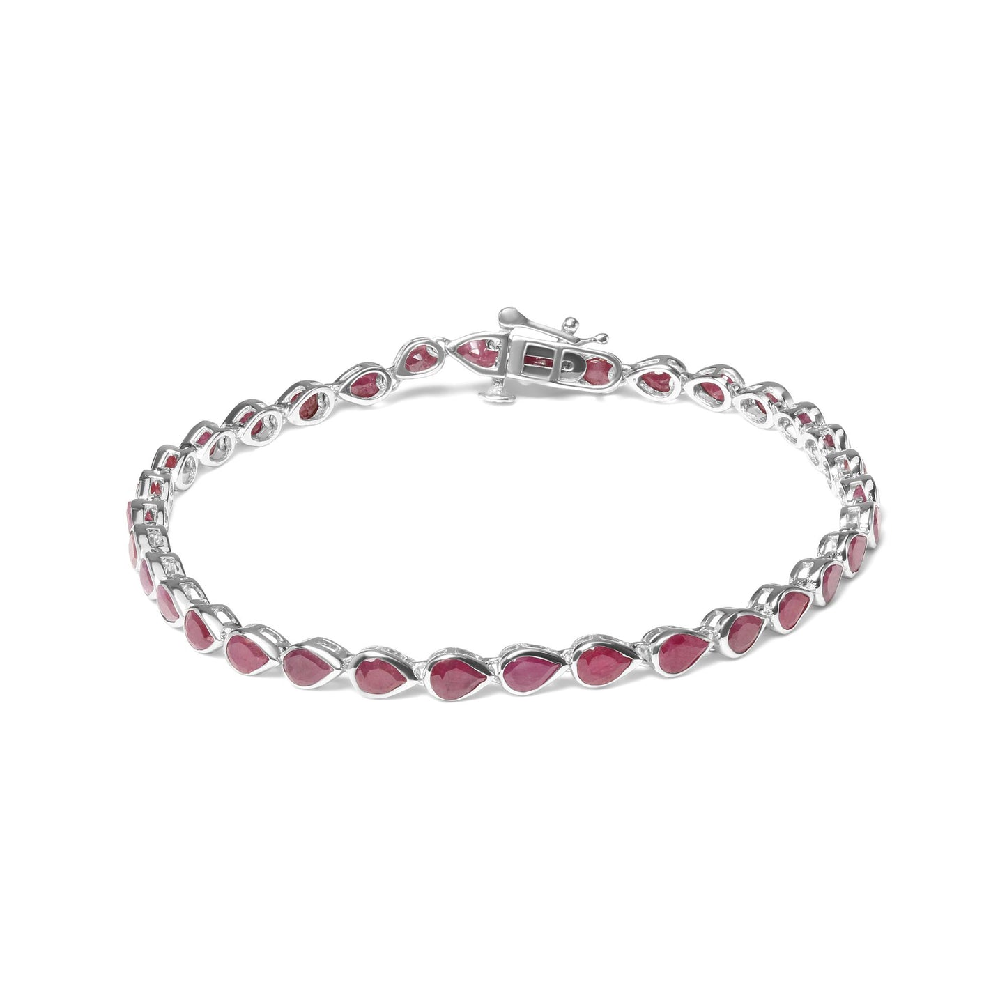 White metal bracelet with linked pear-shaped red gemstones, shown from an angled top view.
