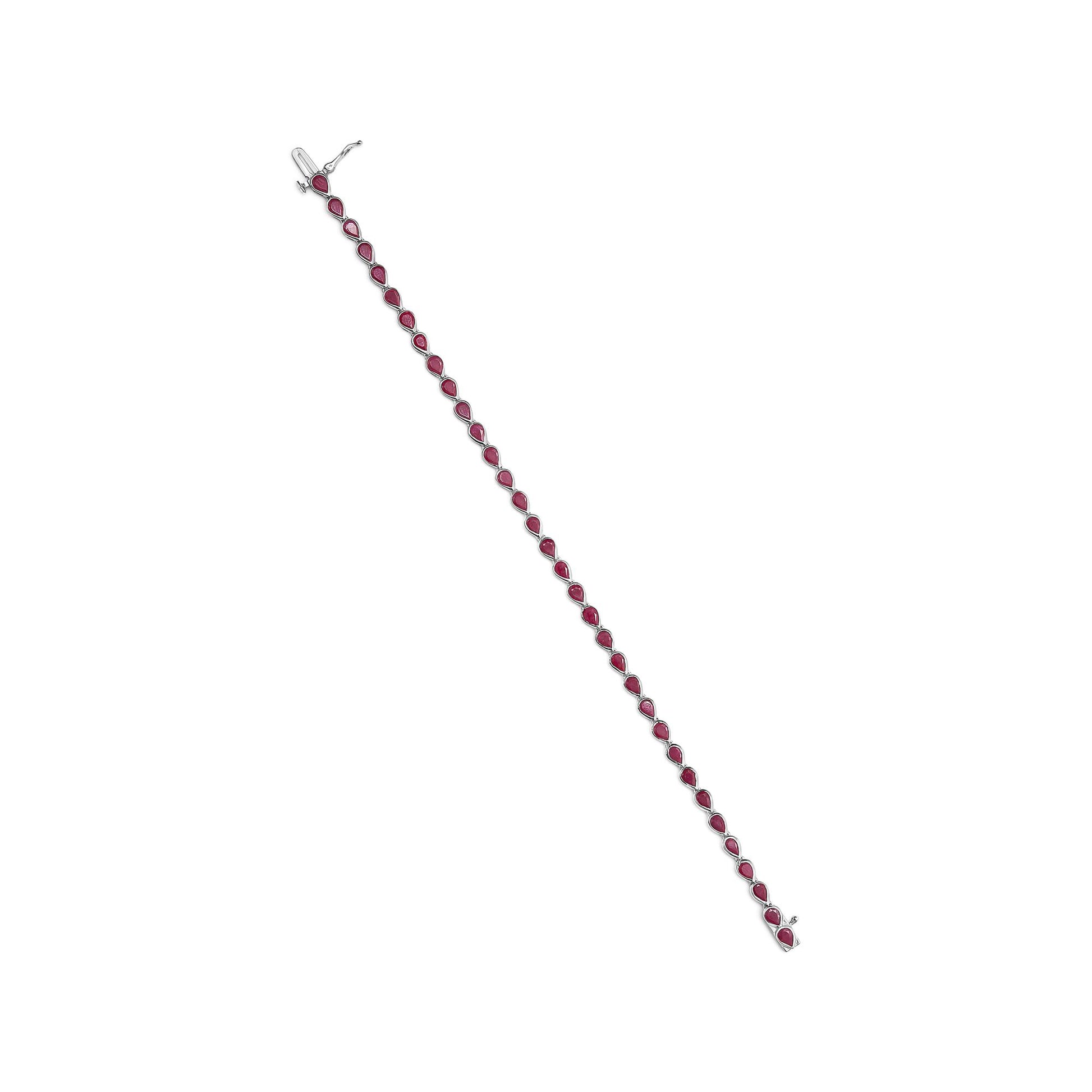 White metal bracelet with a series of red teardrop-shaped gemstones, shown flat from a top-down angle.