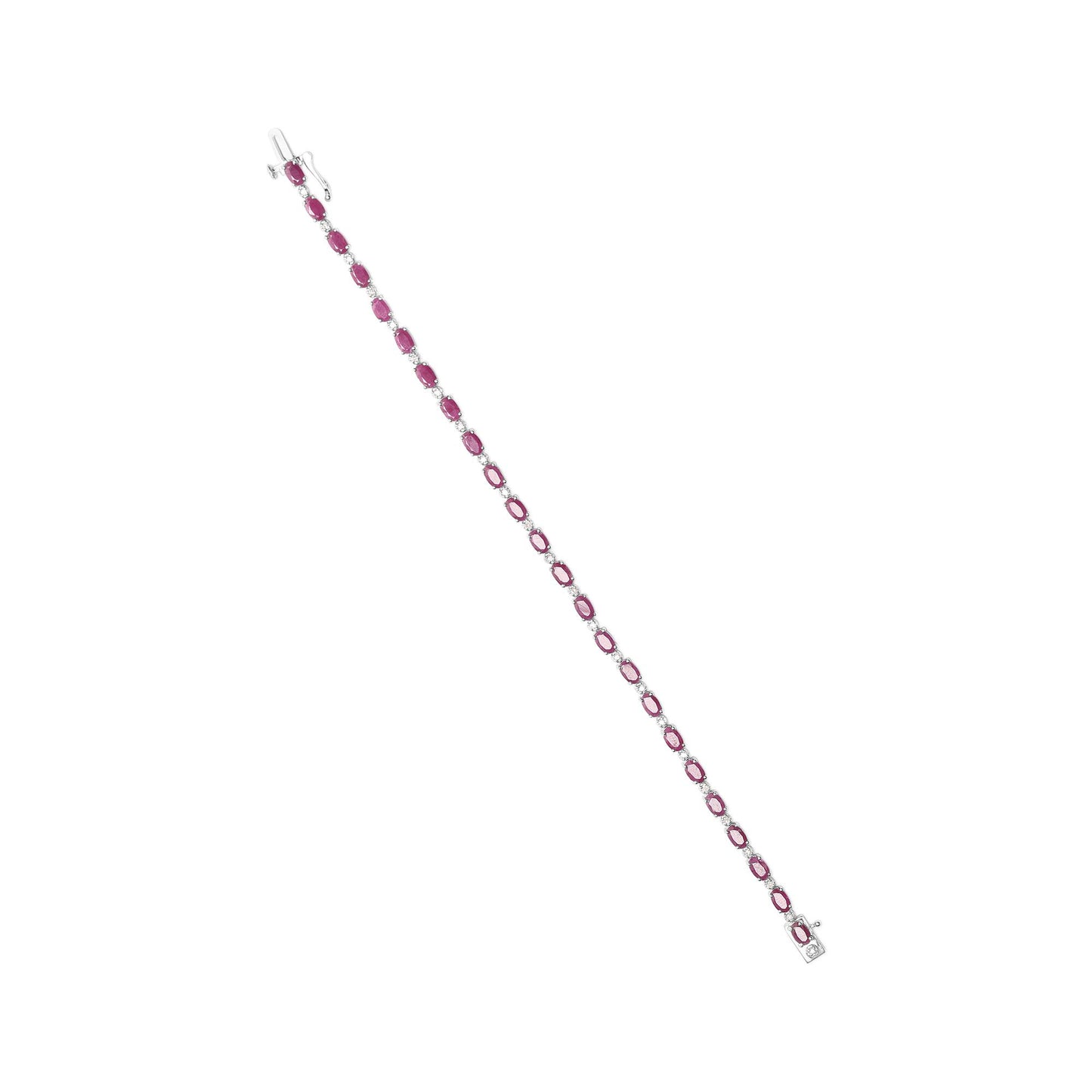 White metal bracelet with alternating red and white gemstones in prong settings, shown from a top-down angle.