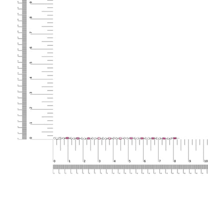 White metal bracelet with alternating oval pink gemstones and round white gemstones in prong settings, shown flat on a ruler for size reference, top-down view.