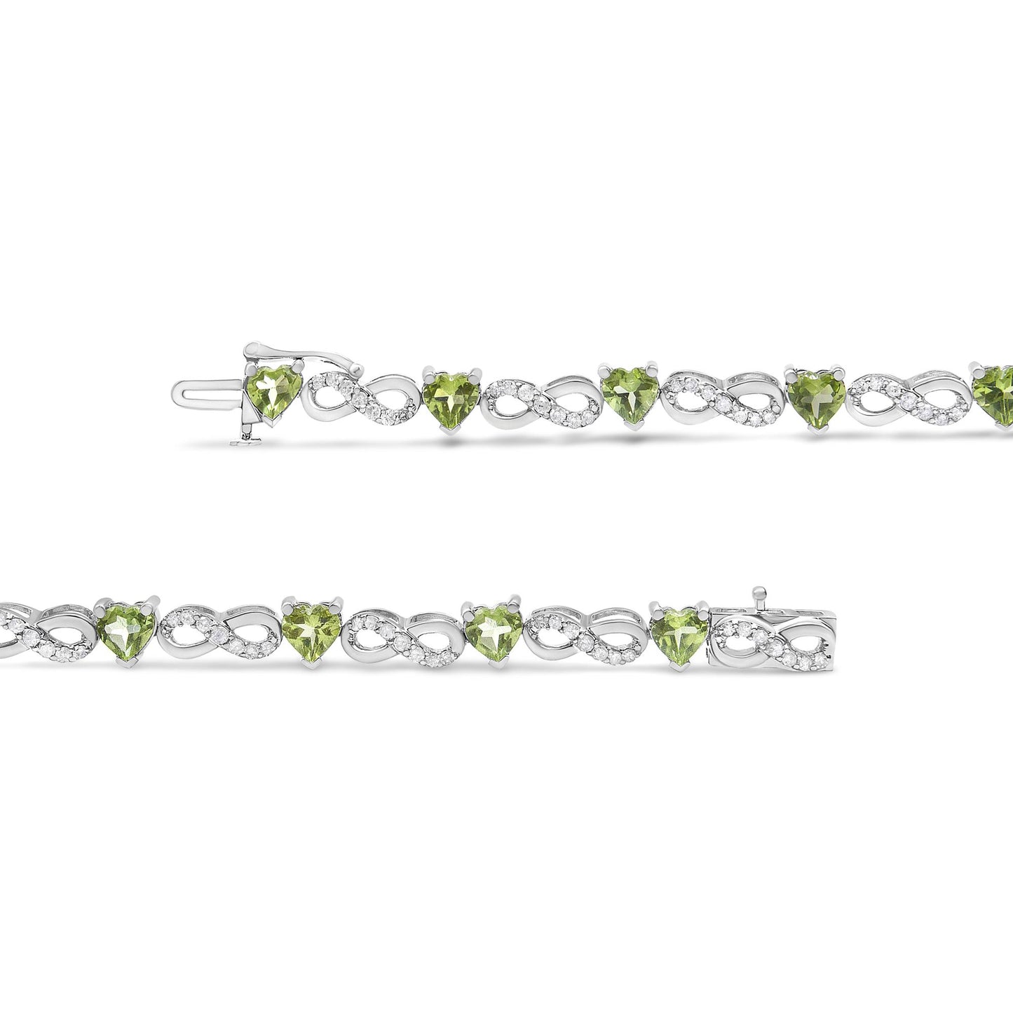 Close-up front view of a white metal bracelet featuring alternating heart-shaped green gemstones and infinity-shaped links set with small round white gemstones.