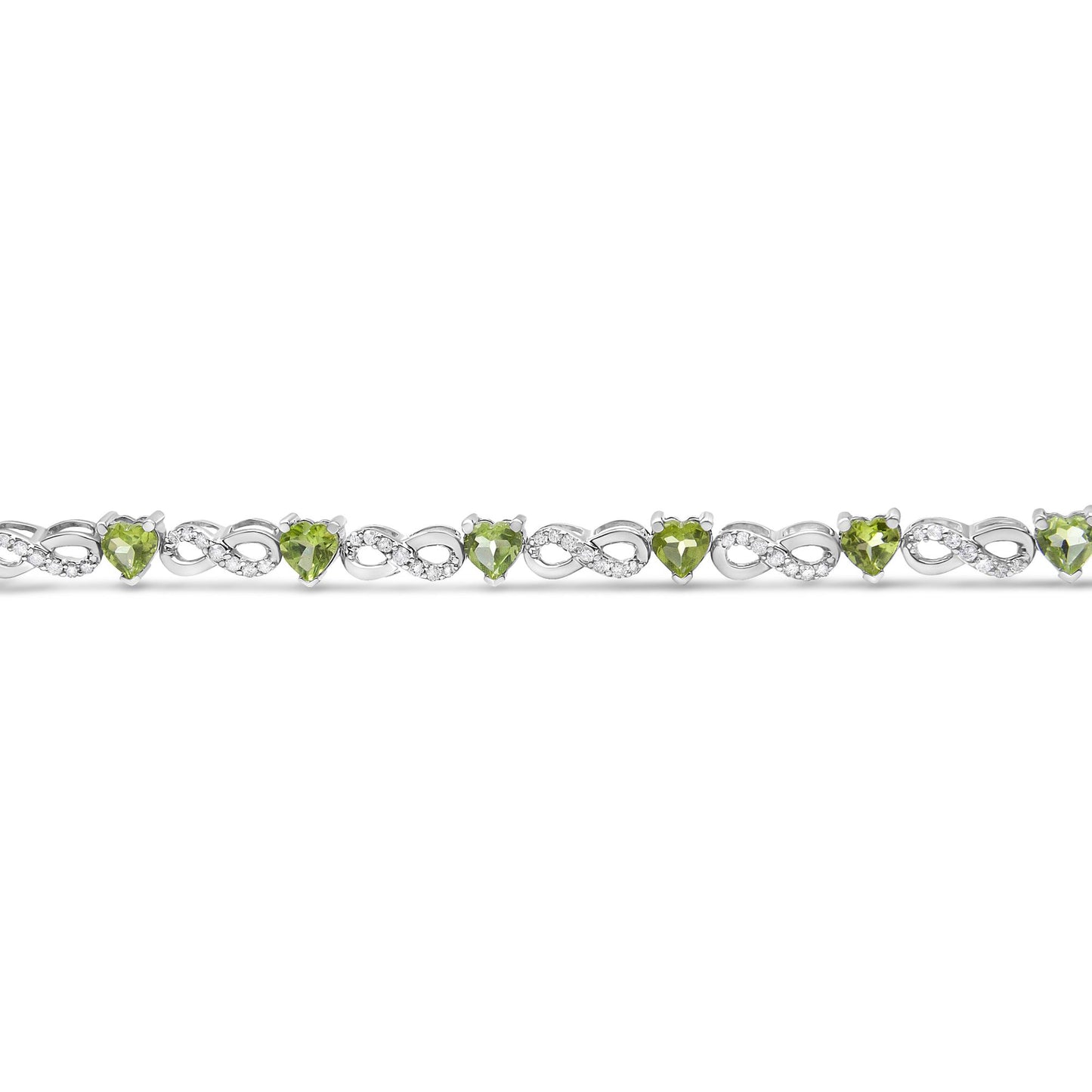 Front angle view of a white bracelet featuring alternating round white gemstones in prong settings and heart-shaped green gemstones in three-prong settings.