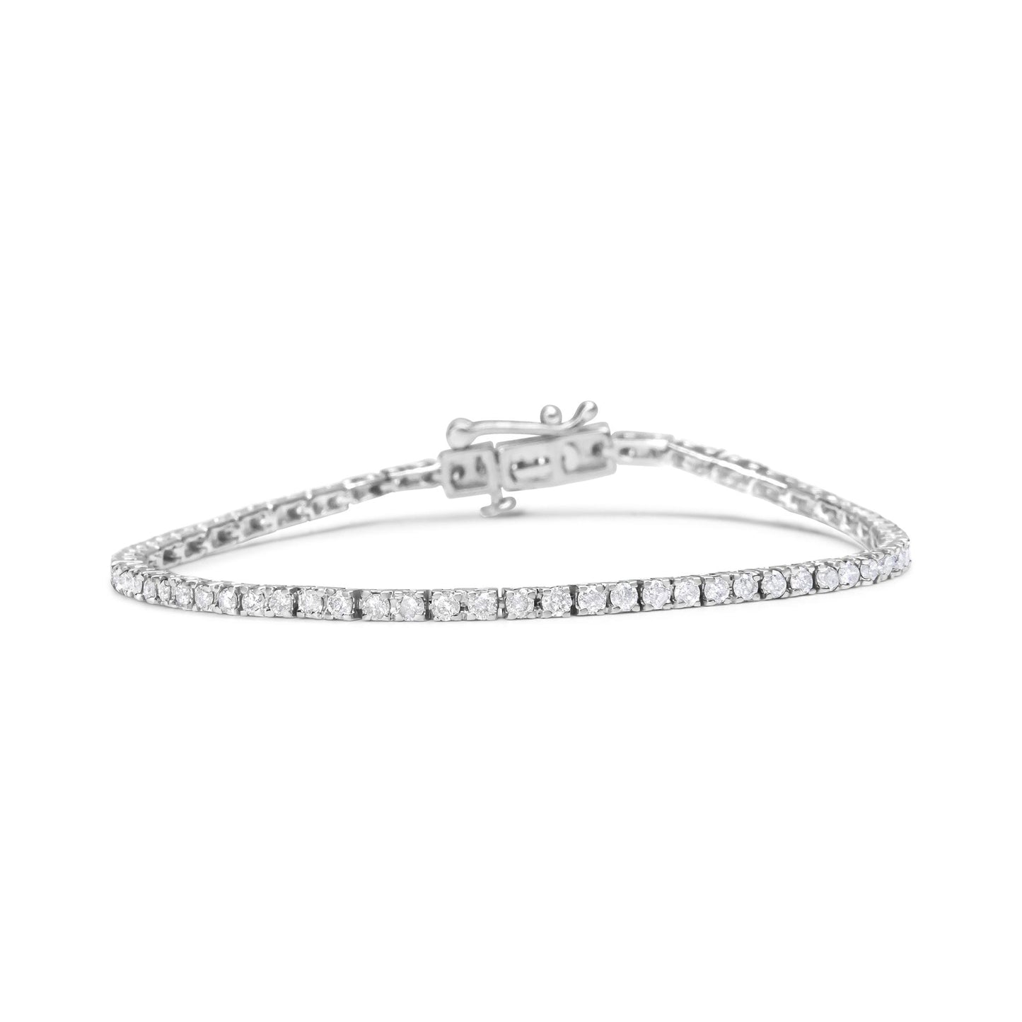 Bracelet with round white gemstones in prong settings, laid flat and photographed from a slightly elevated front angle showing the clasp.