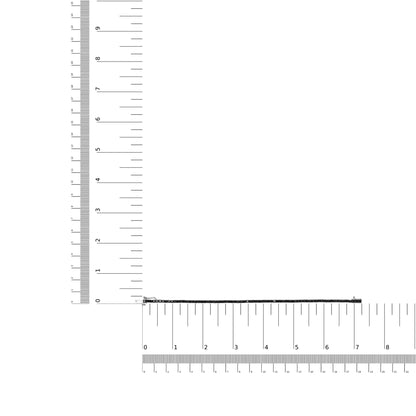 Top-down view of a white metal bracelet with round black gemstones in prong settings, placed on rulers for size reference.