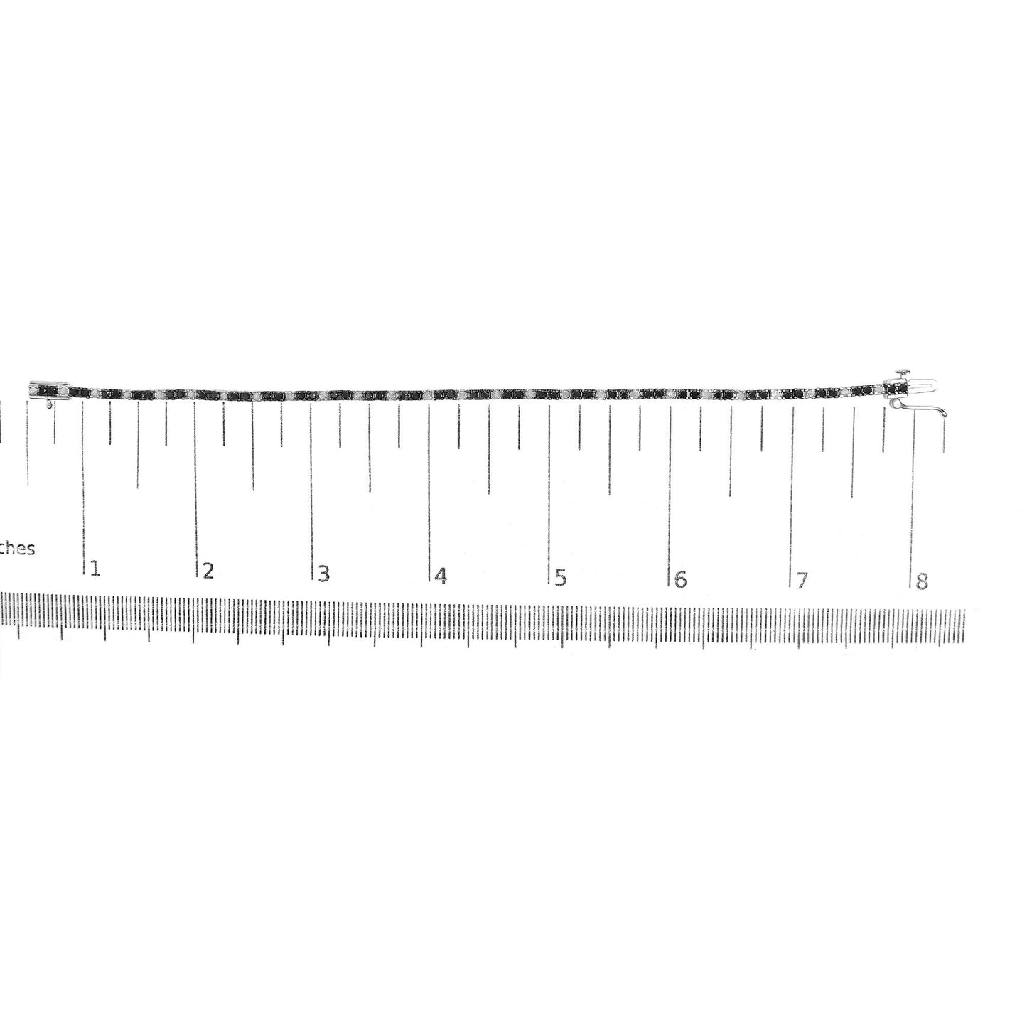 White metal bracelet with alternating black and white round gemstones in prong settings, shown flat on a ruler for size reference, top-down angle.
