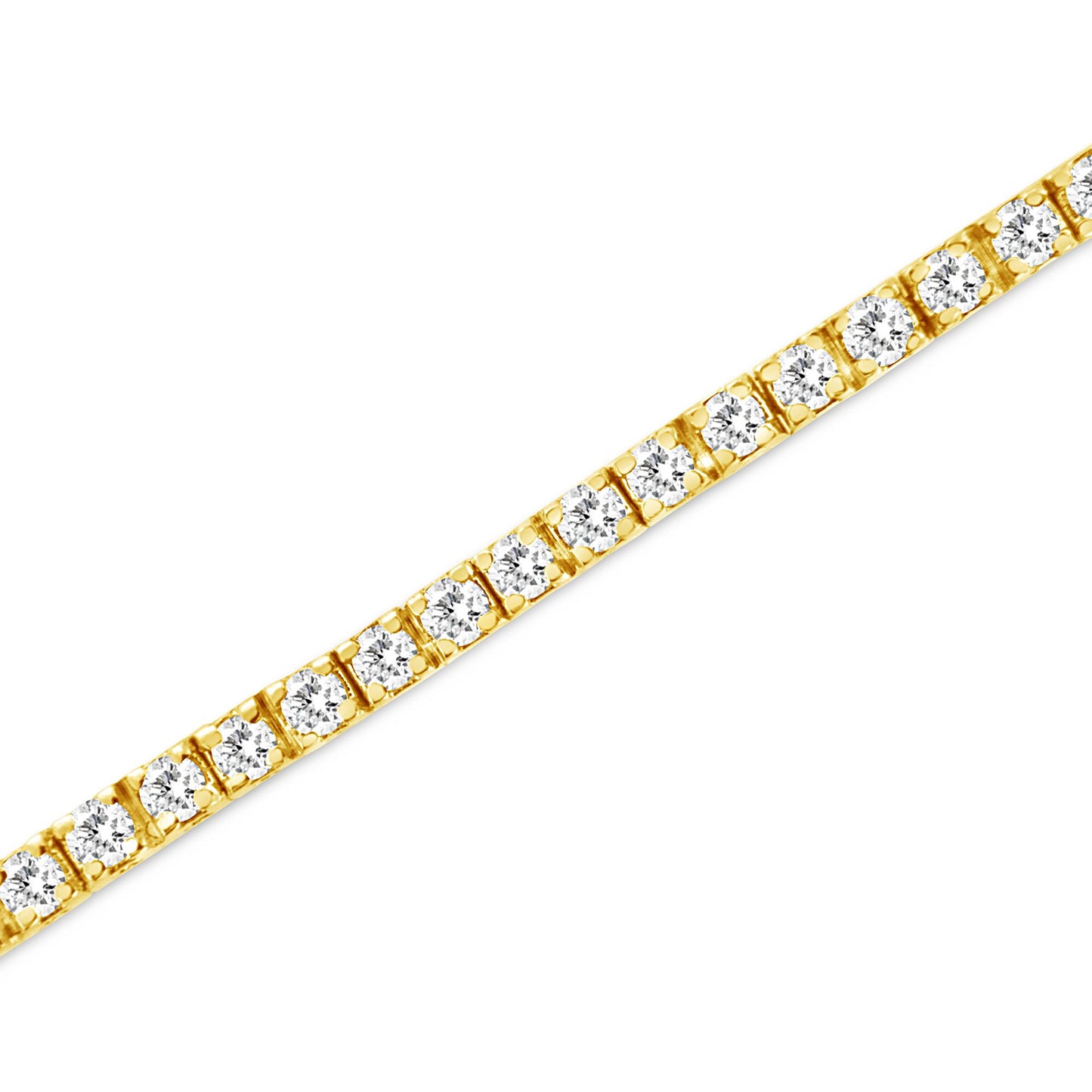 Close-up diagonal view of a yellow metal bracelet set with round white gemstones in prong settings.