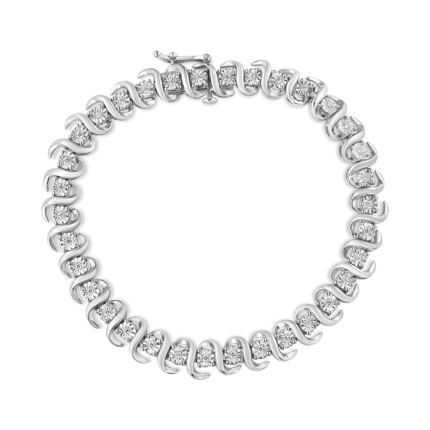 Top-down view of a white metal bracelet featuring round white gemstones set in a spiral design.