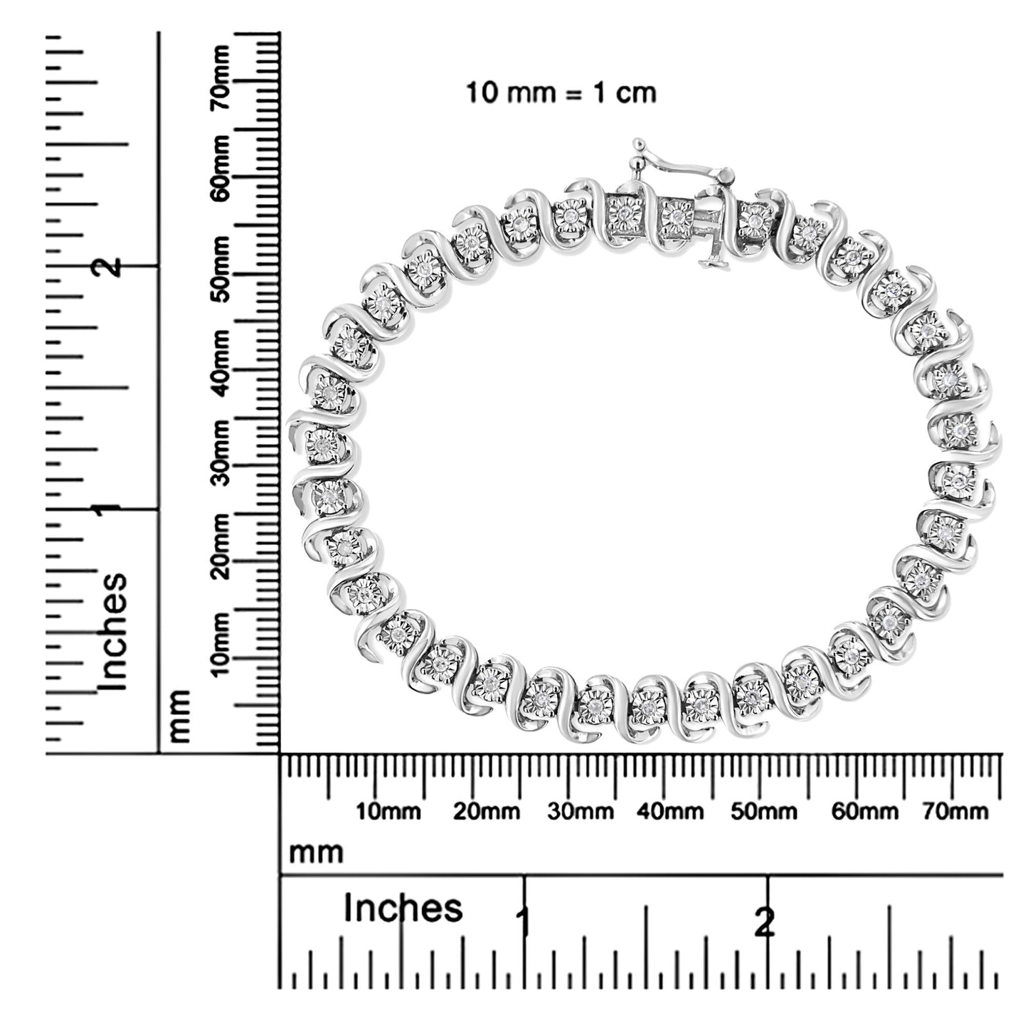 Top-down view of a white metal bracelet with round white gemstones in a miracle setting, displayed on a ruler and scale for size reference.
