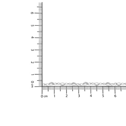White metal bracelet with alternating twisted links and small details set with round white gemstones, shown on a ruler for size reference, top-down angle.
