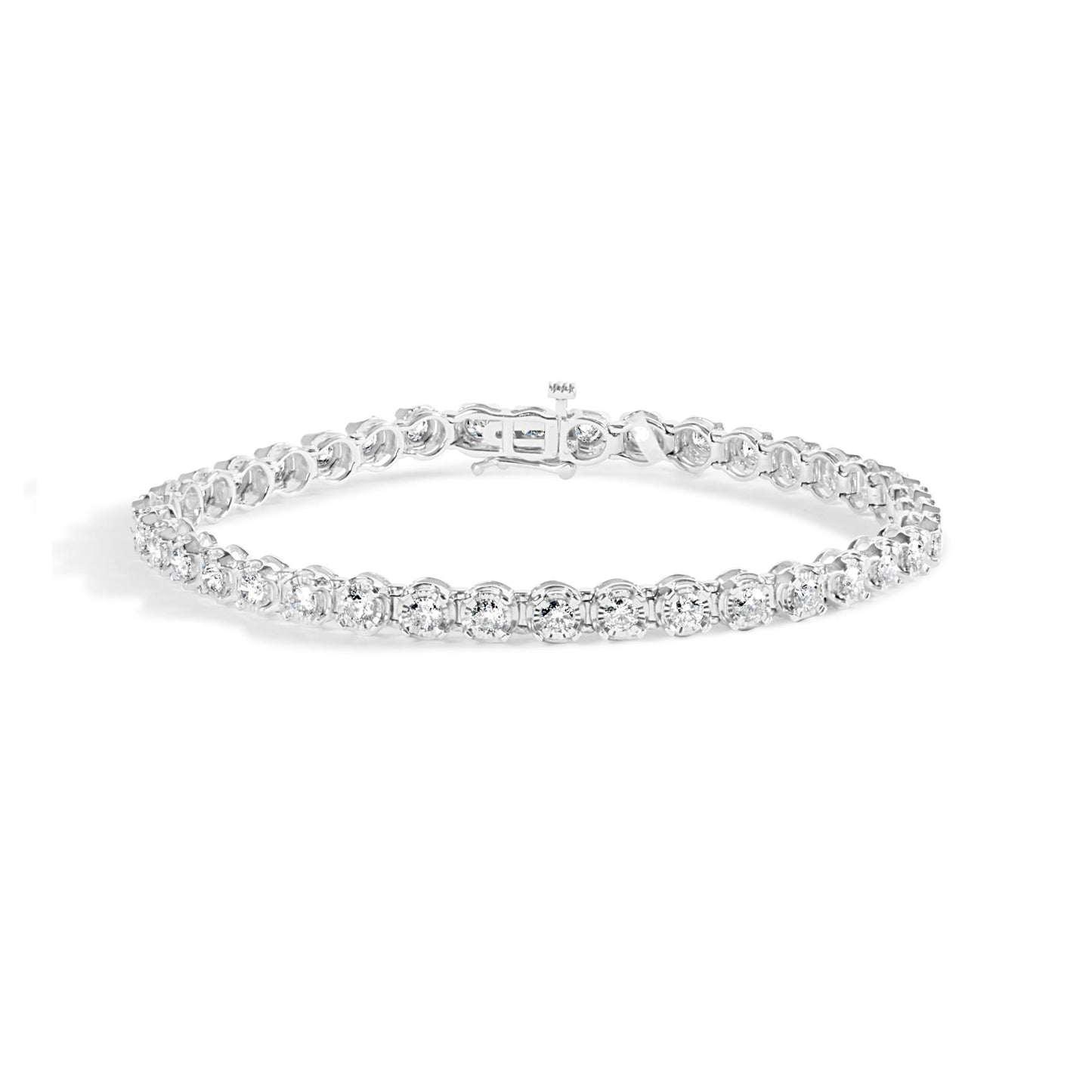 Front angle view of a white metal bracelet with round white gemstones in prong settings arranged along the entire band.