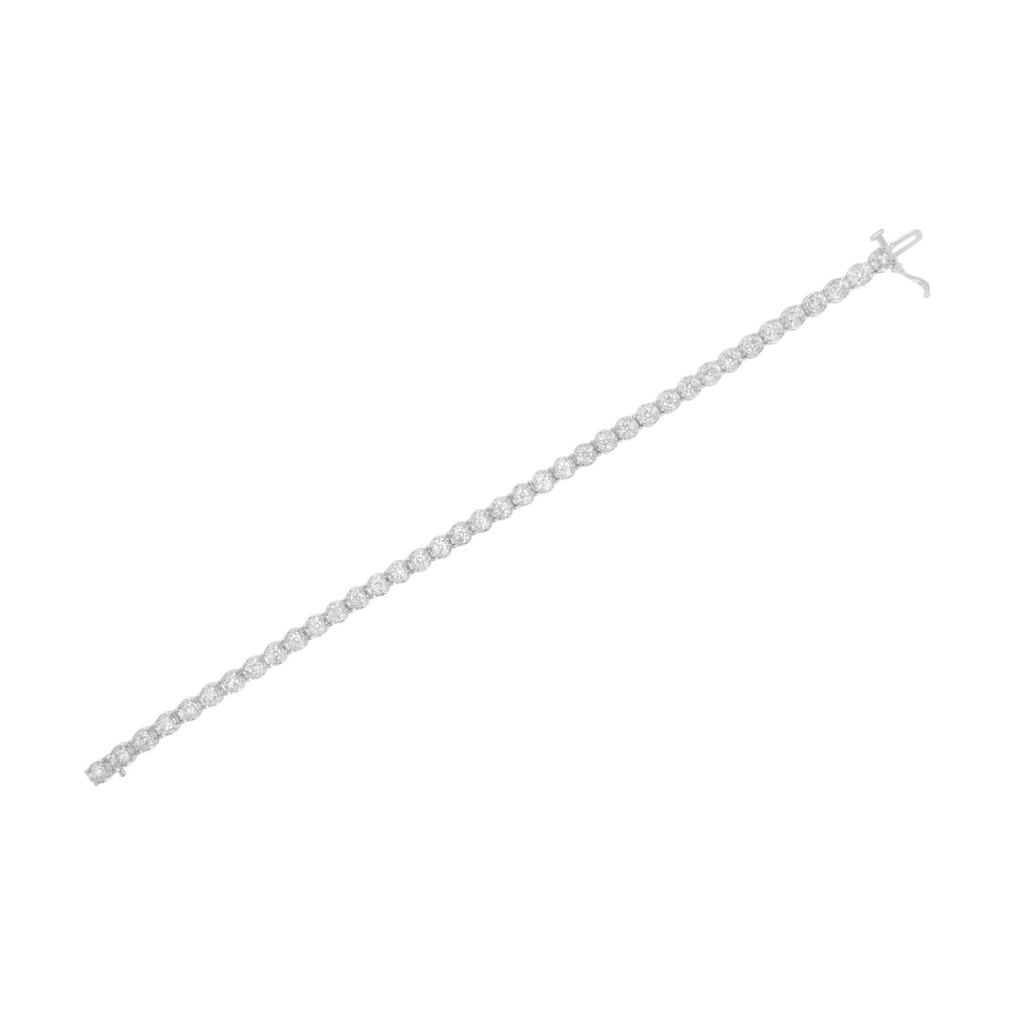 White metal bracelet with round white gemstones in prong settings, shown flat from a top angle on a white background.