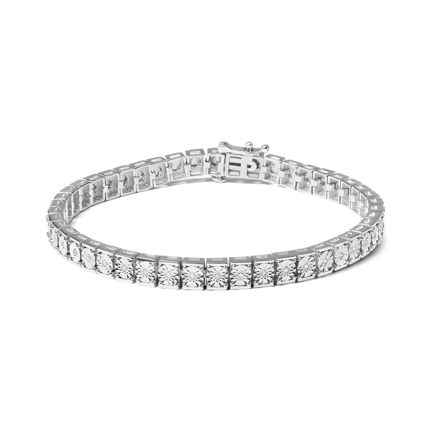 White metal bracelet with round white gemstones in miracle setting, shown from a front angled view on a white background.