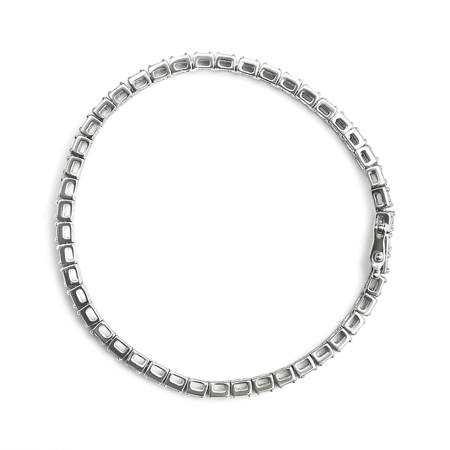 Top-down view of a white metal bracelet with square settings designed to hold round white gemstones in a miracle setting, shown unclasped.