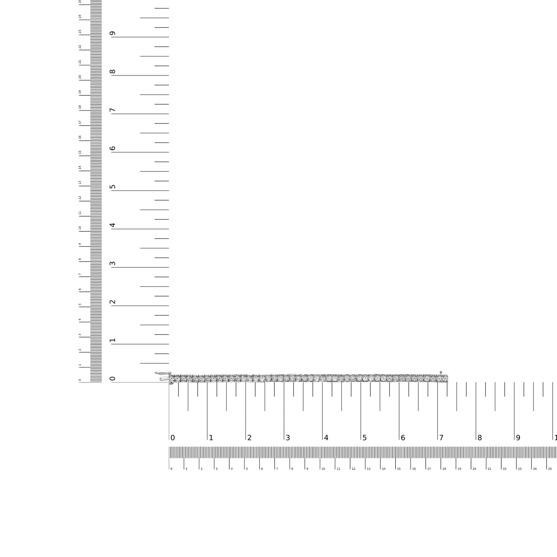White metal bracelet with two rows of round white gemstones in miracle setting, laid flat on a ruler for size reference, top-down angle.