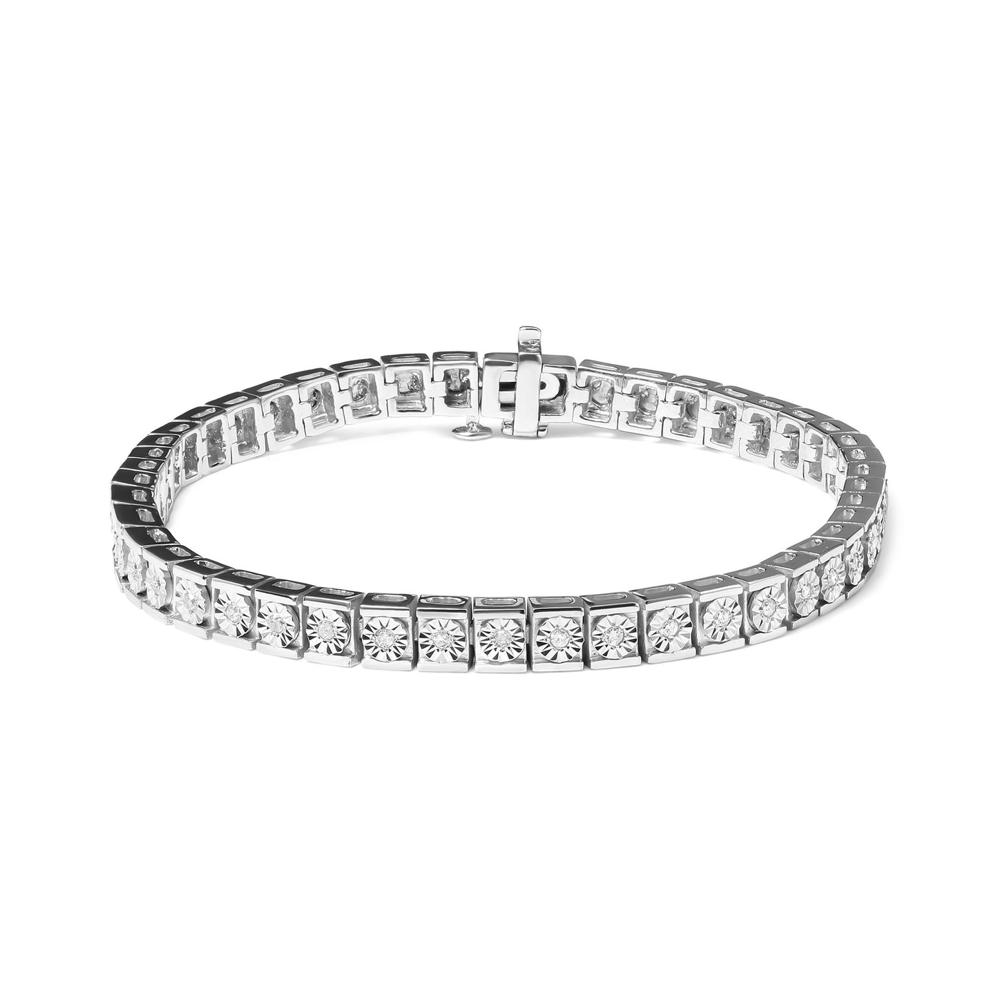 White metal bracelet set with round white gemstones in miracle setting, shown in a close-up front angle.