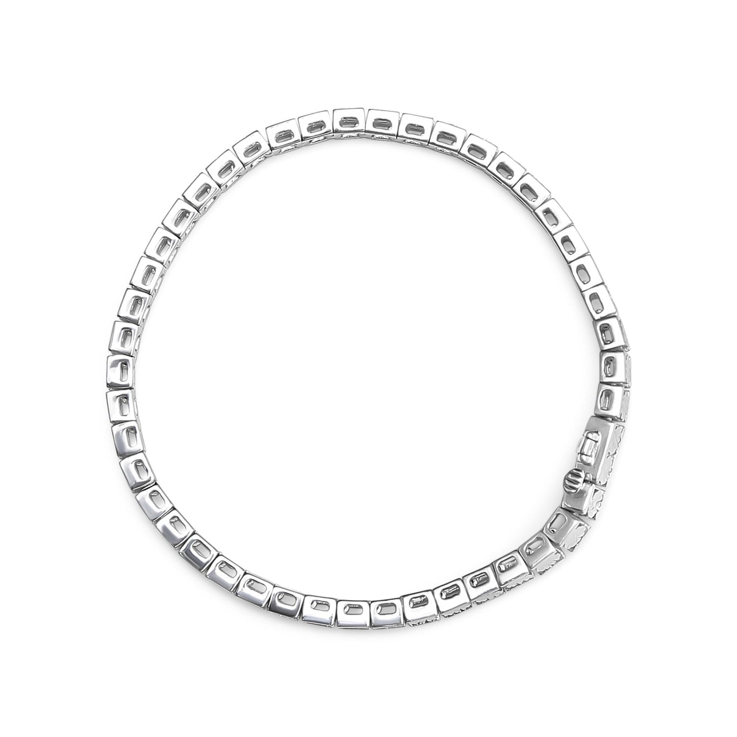 Top-down view of a white metal bracelet with square links featuring round white gemstones in a miracle setting.