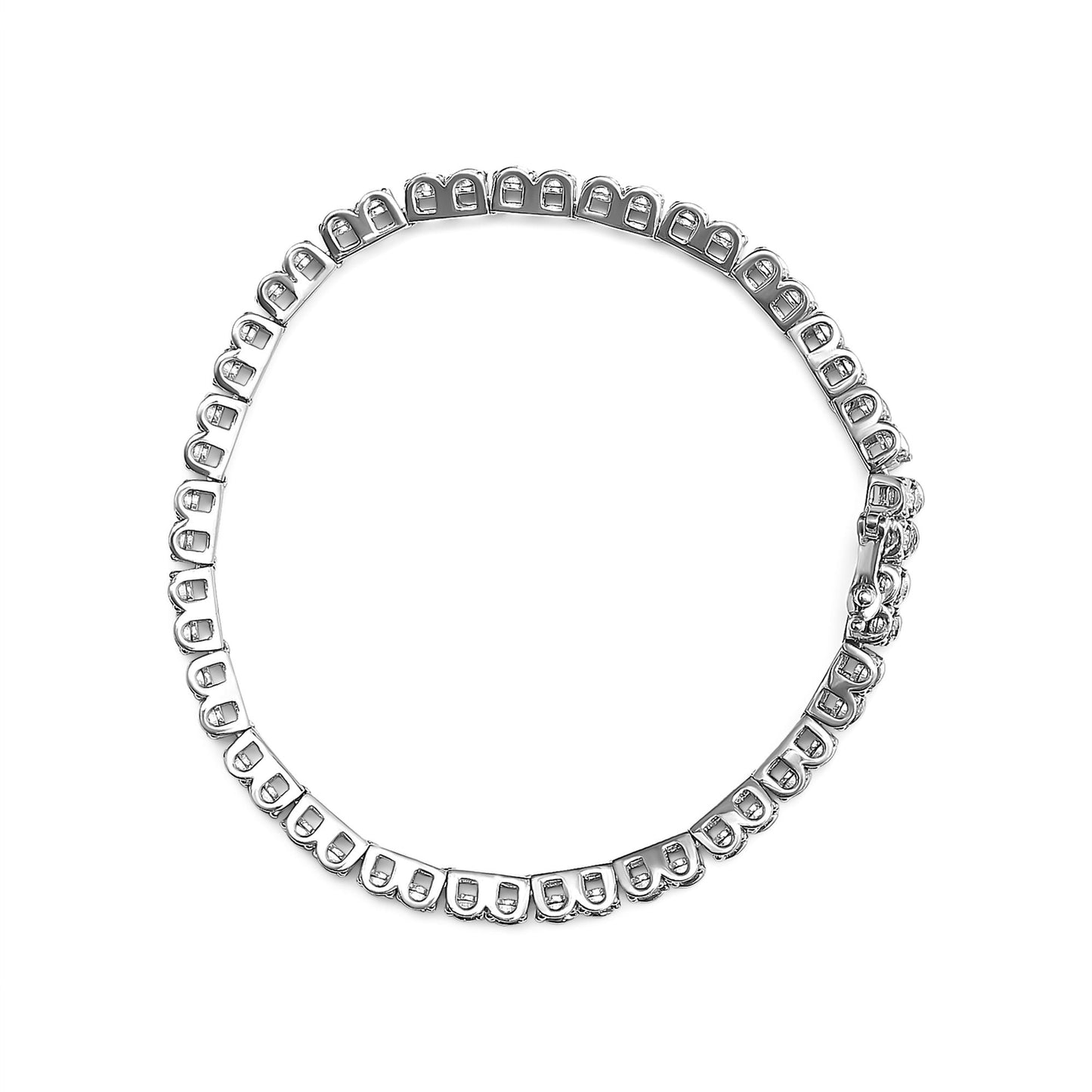 Top-down view of a white metal bracelet with round white gemstones in a miracle setting all around the band.