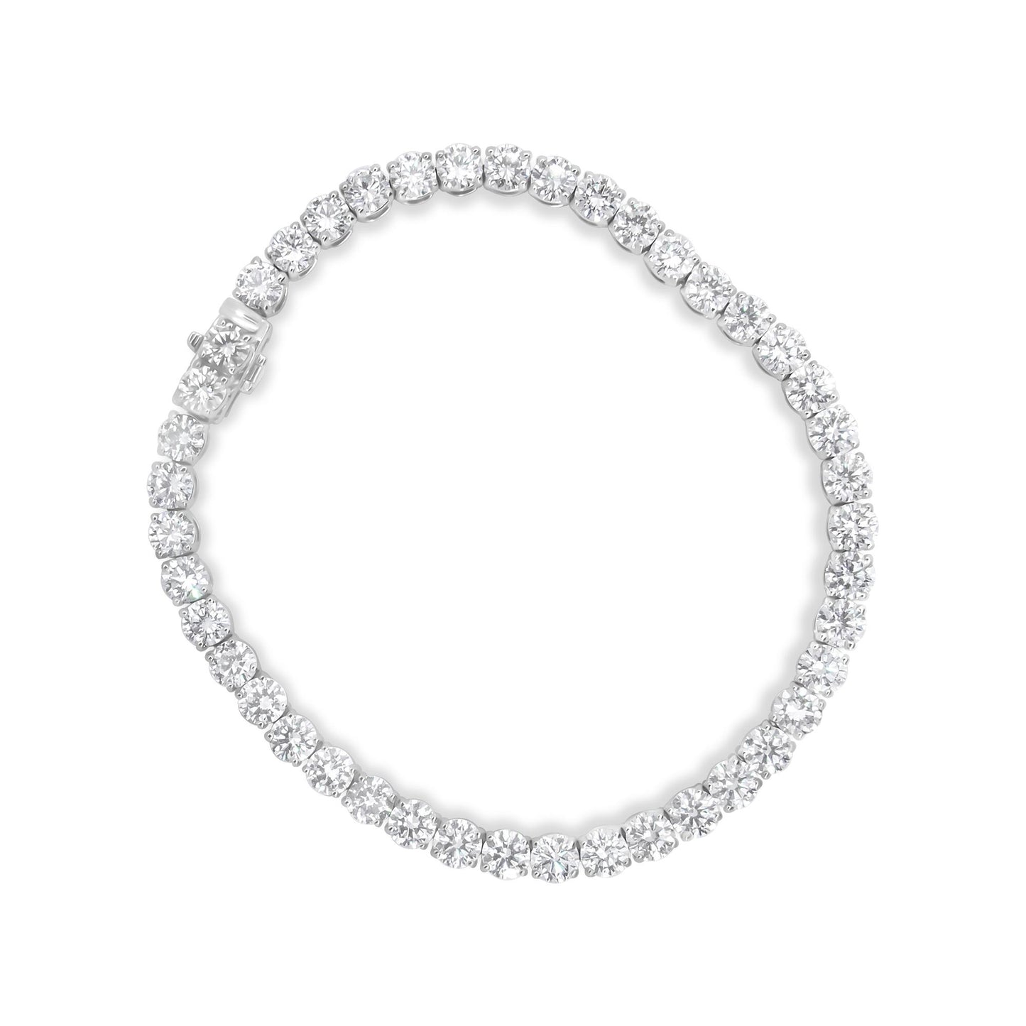 Top-down view of a white bracelet featuring a continuous row of round white gemstones in miracle settings.