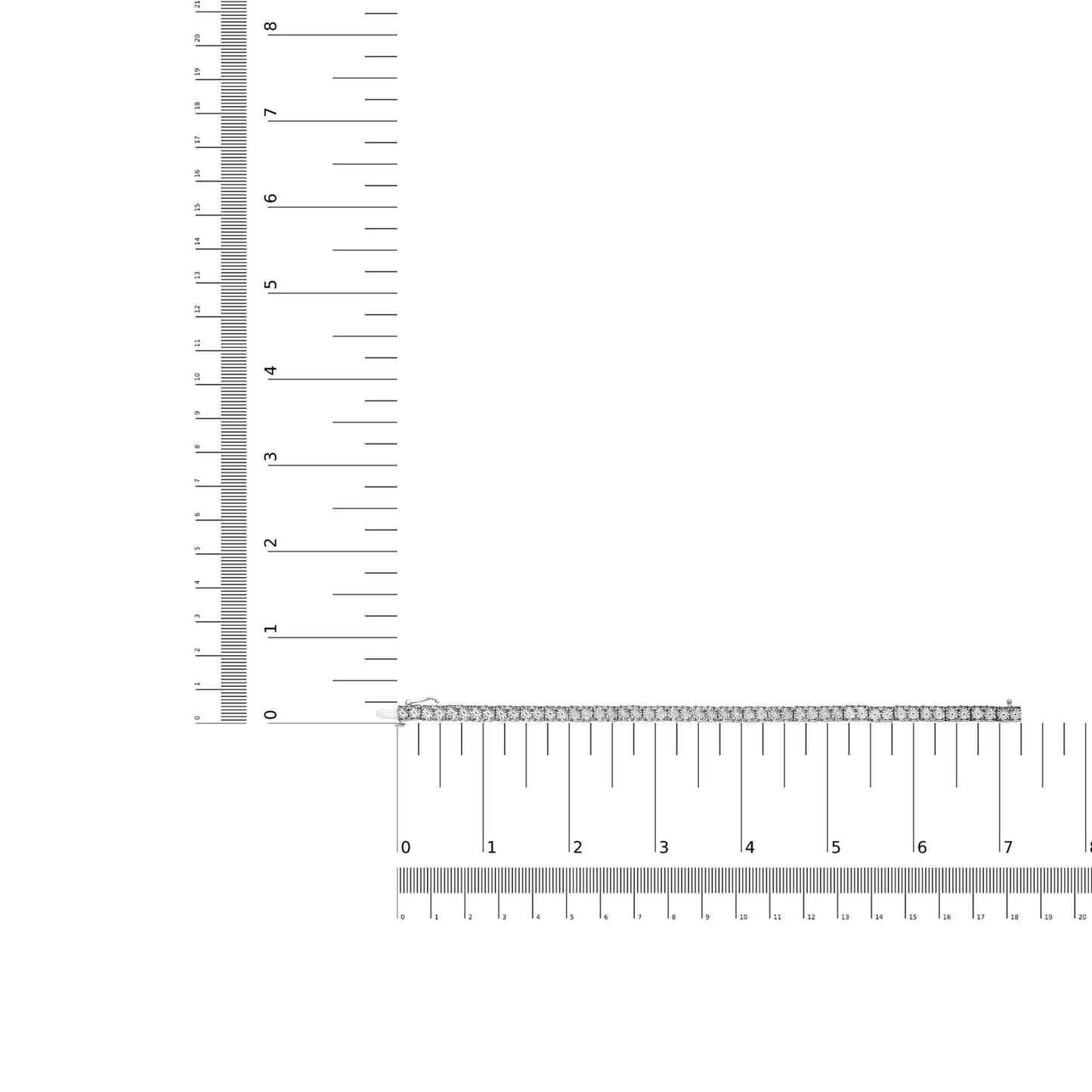 White metal bracelet with round white gemstones in miracle setting, shown flat on a ruler for size reference, top-down angle.