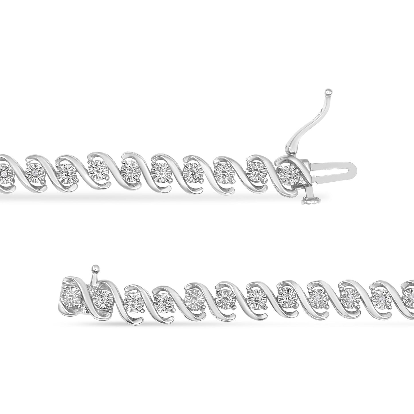 Close-up front view of a white metal bracelet with round white gemstones in a spiral design, shown in two parts with the clasp open.