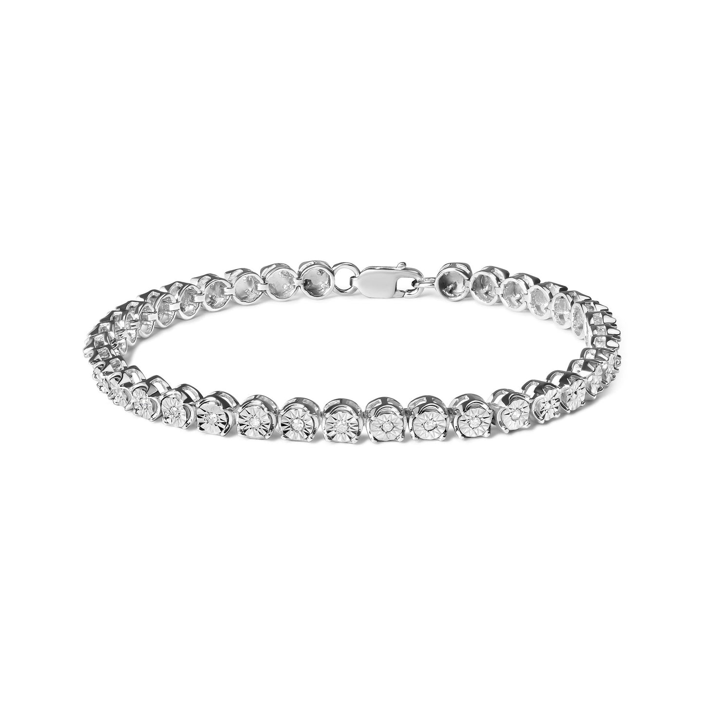 White metal bracelet with round white gemstones in miracle settings, shown from a front angle on a white background.