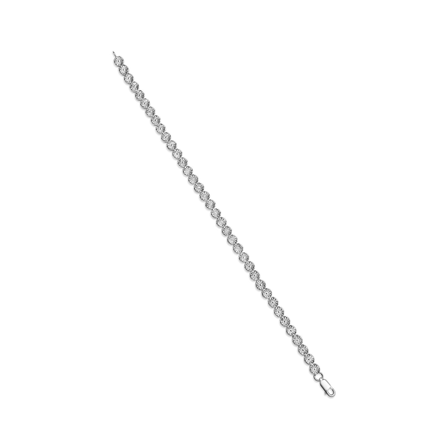 White metal bracelet with round white gemstones in miracle setting, photographed from an angled top view.