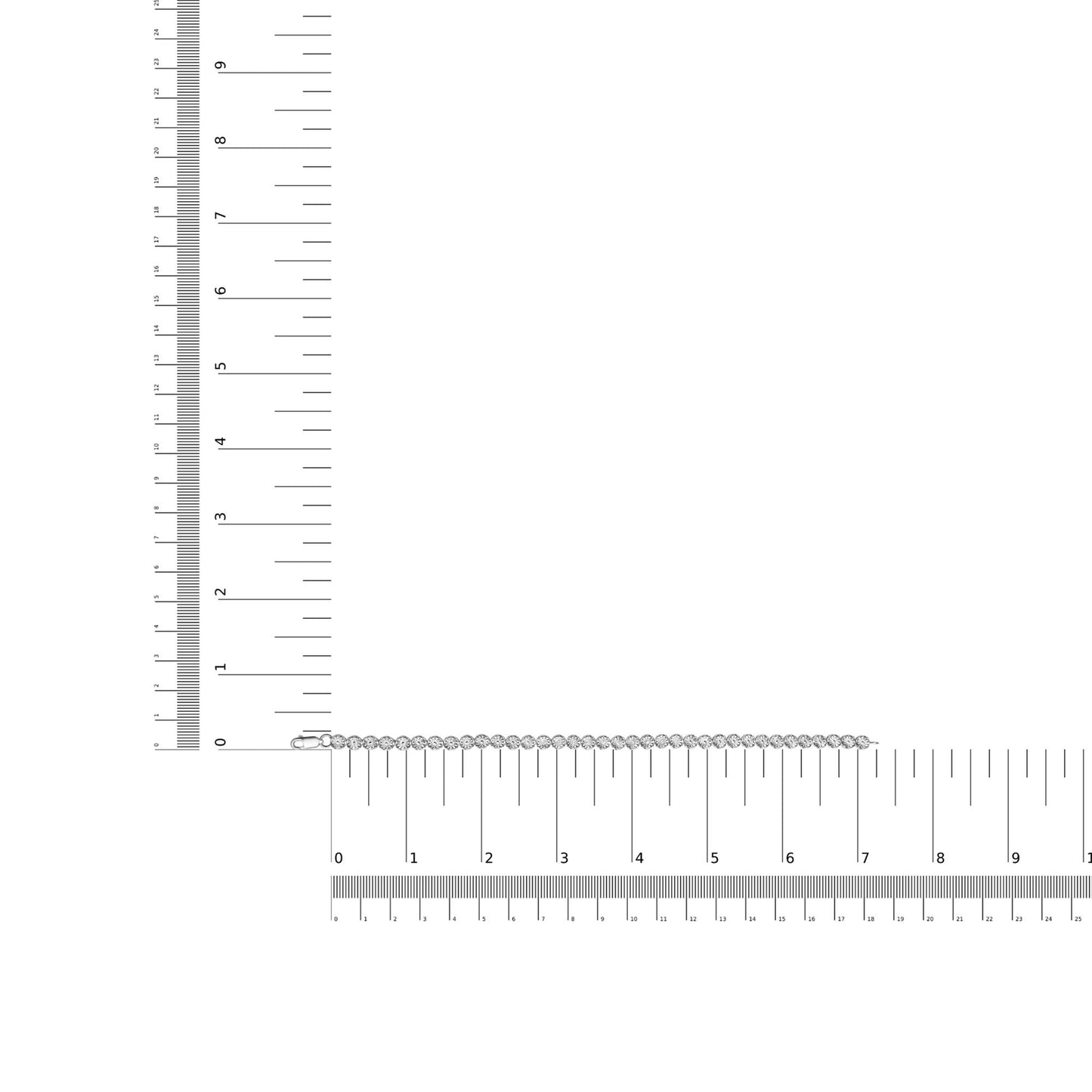 White metal bracelet with round white gemstones in a miracle setting, displayed flat on intersecting rulers for size reference, top-down angle.