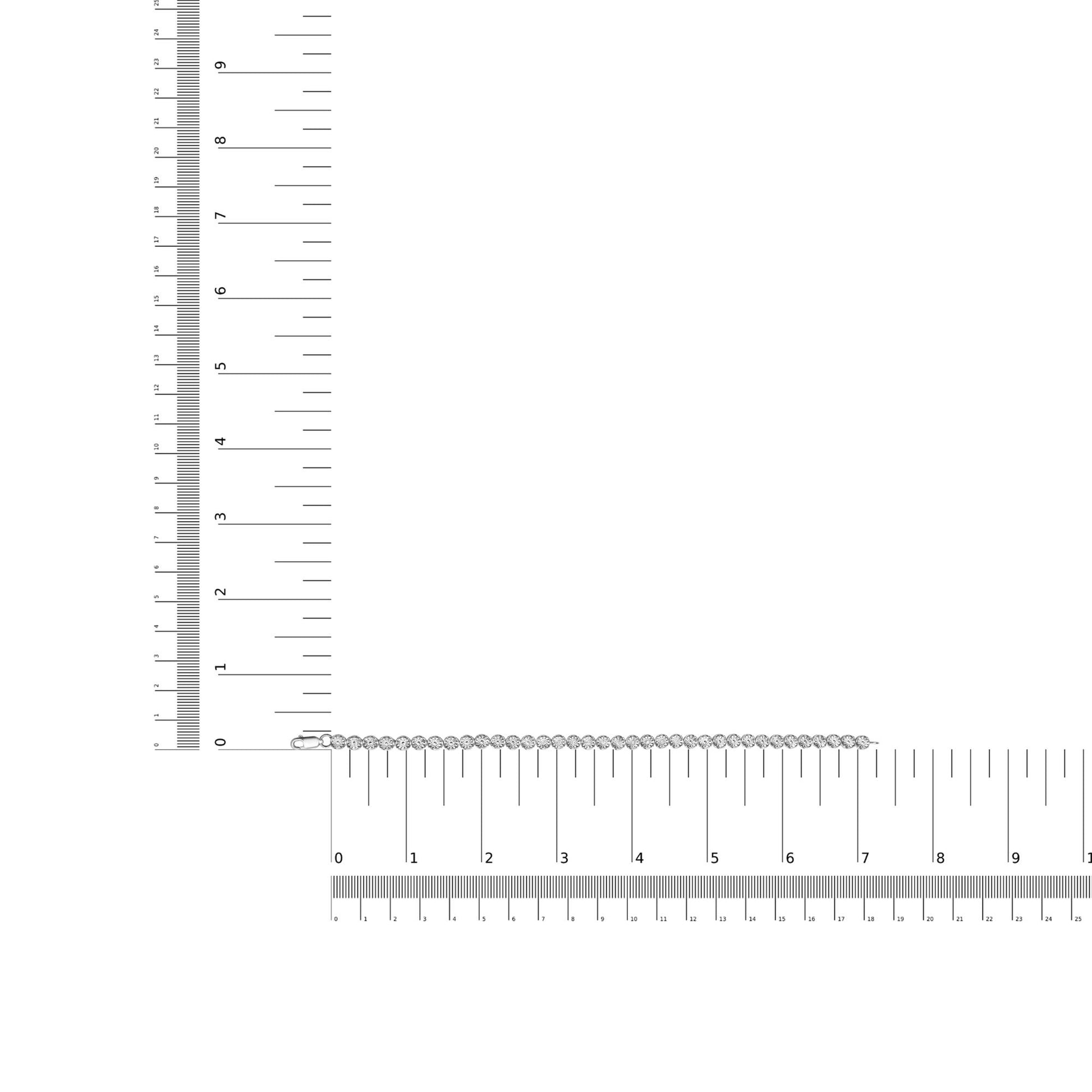 White metal bracelet with round white gemstones in a miracle setting, displayed flat on intersecting rulers for size reference, top-down angle.