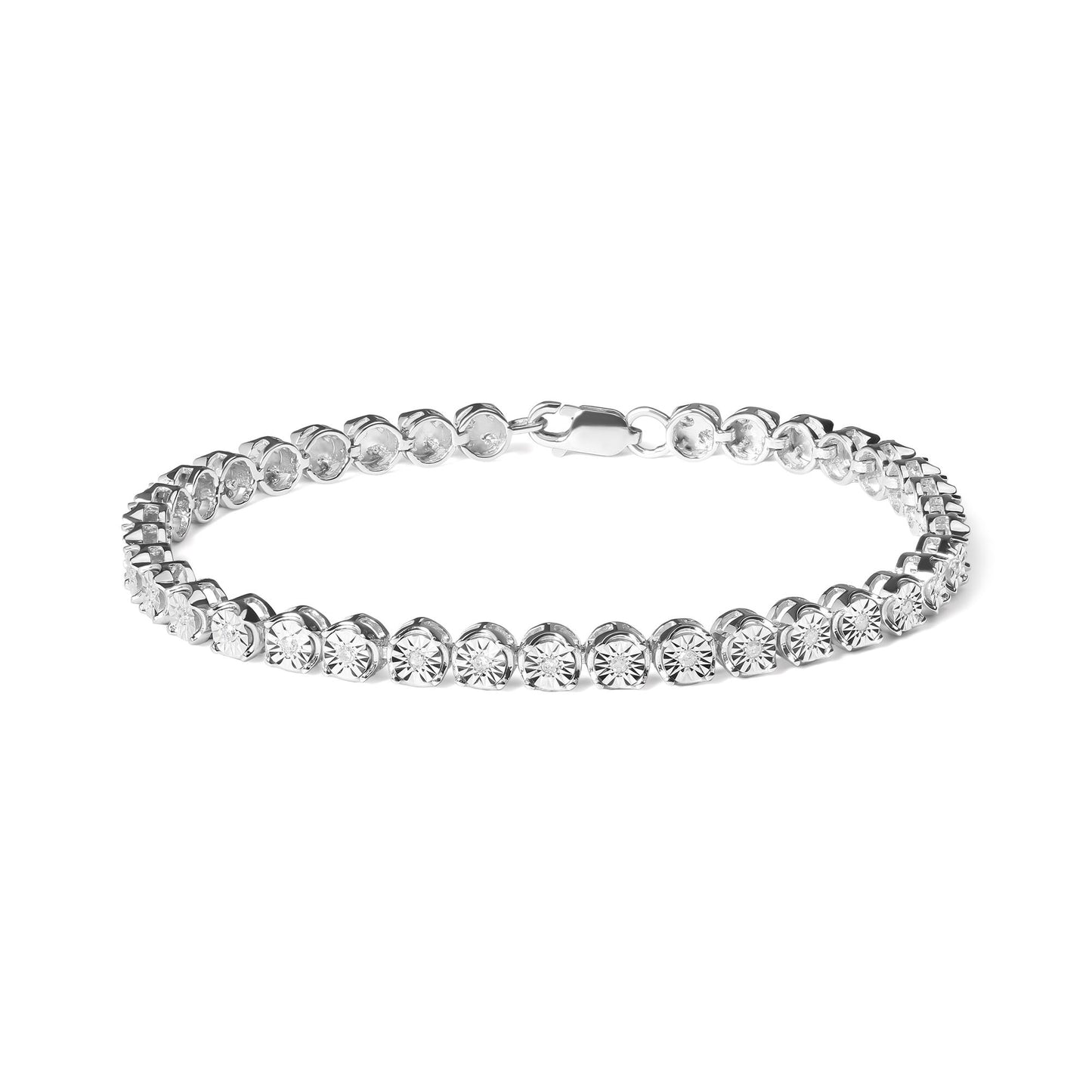 White metal bracelet with round white gemstones in a miracle setting, shown in a front angled view on a white background.